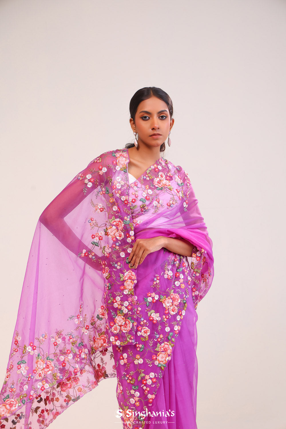 Ultra Pink Organza Handcrafted Saree