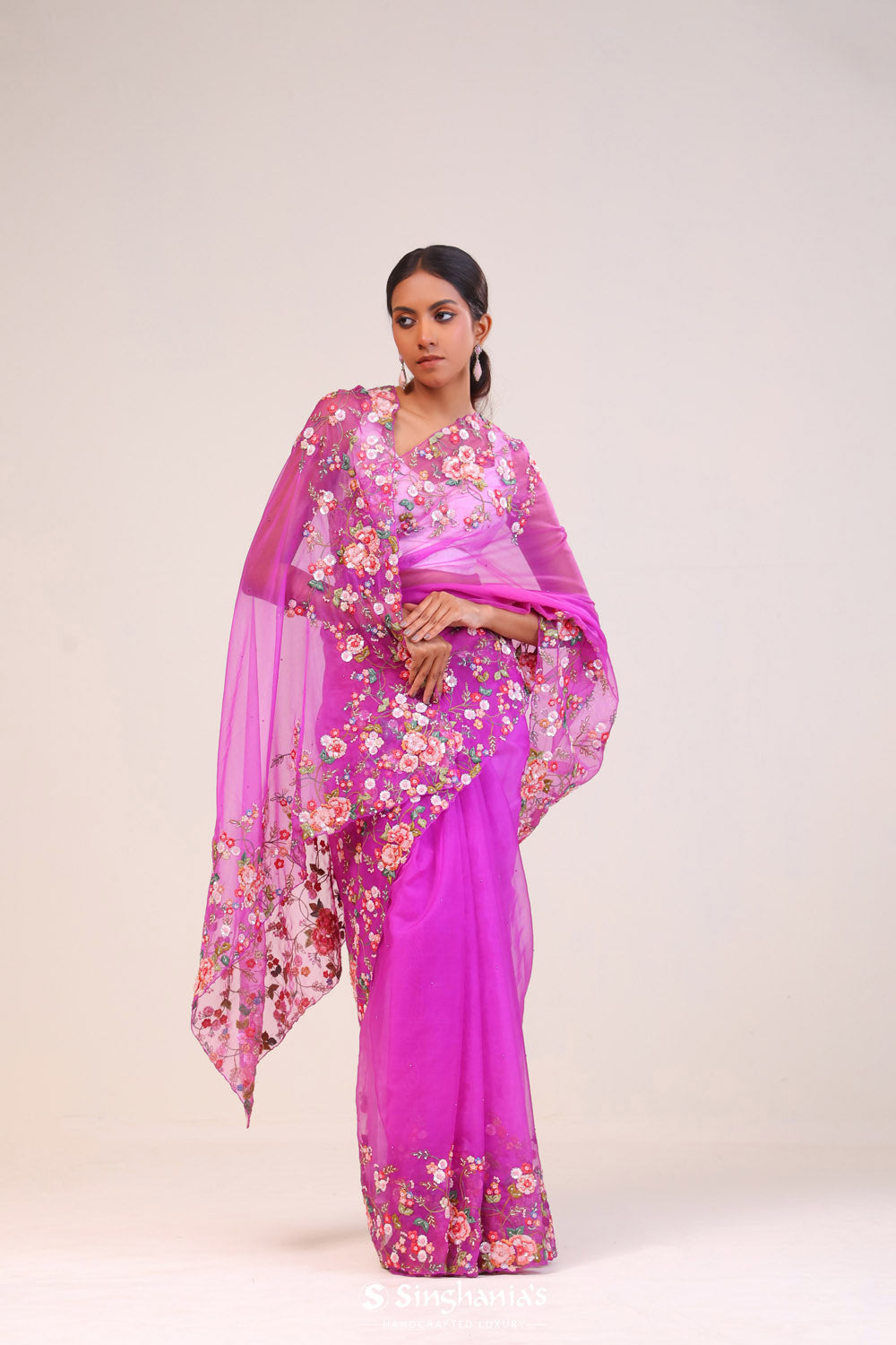 Ultra Pink Organza Handcrafted Saree