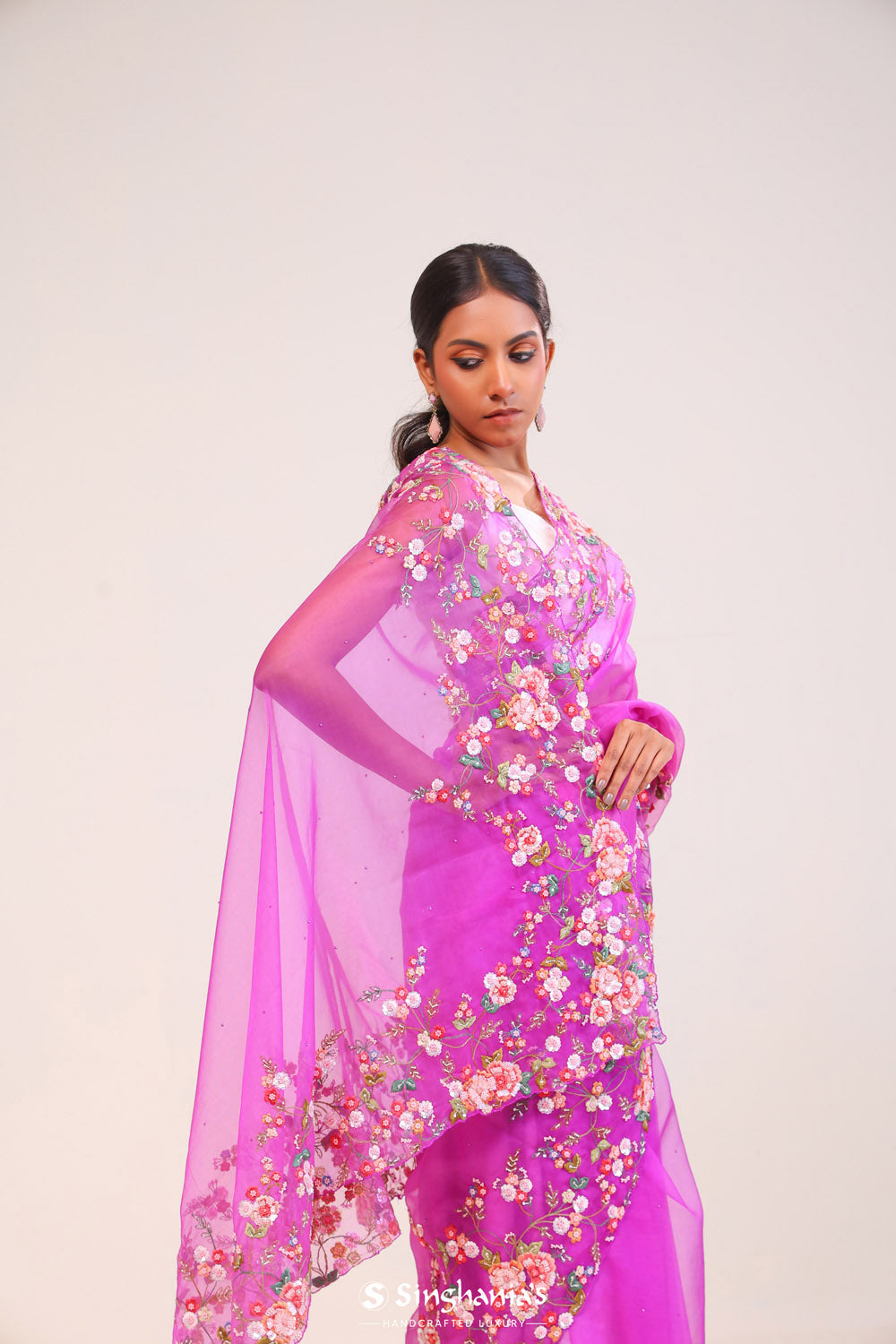 Ultra Pink Organza Handcrafted Saree