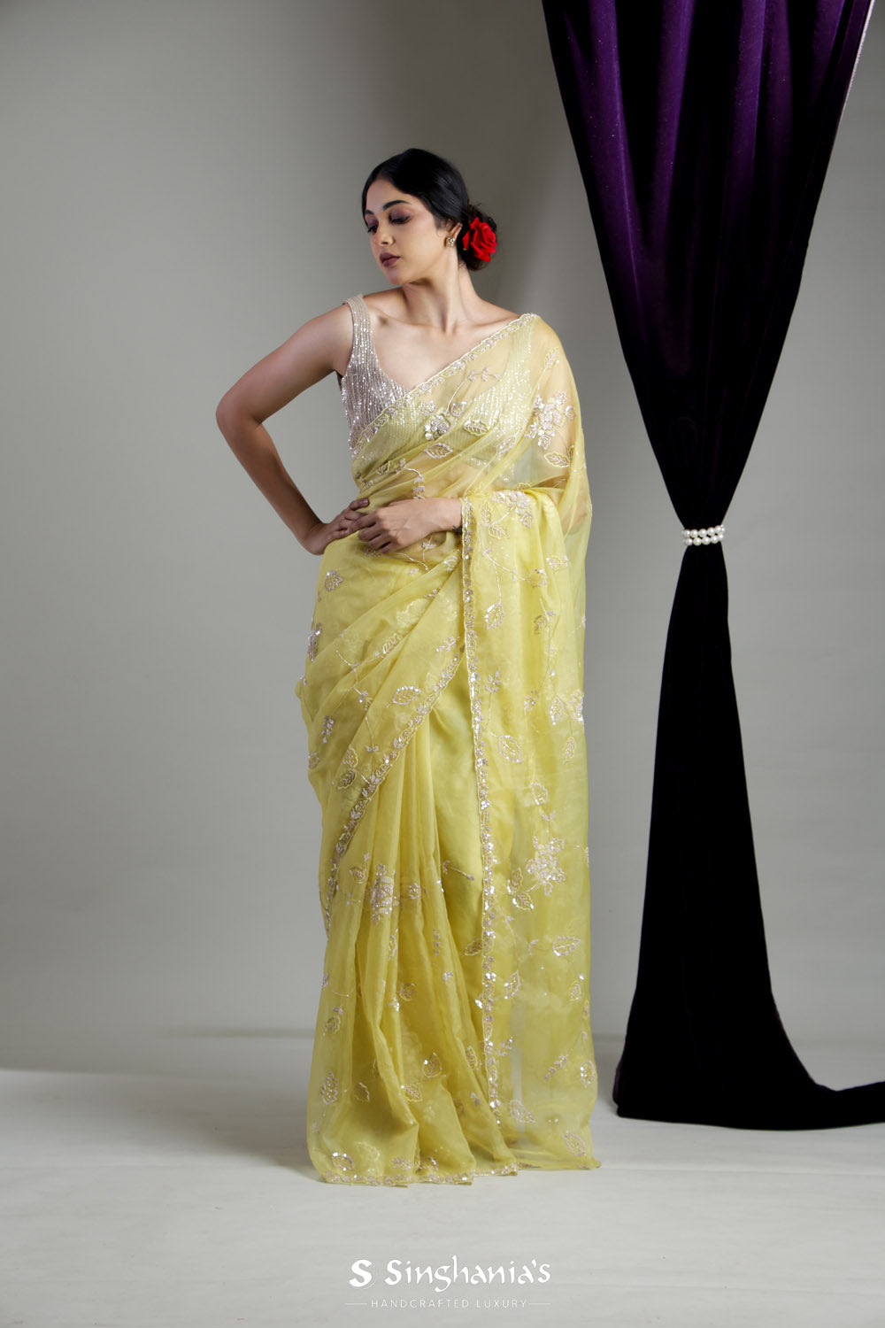 Pale Yellow Organza Saree With Hand Embroidery