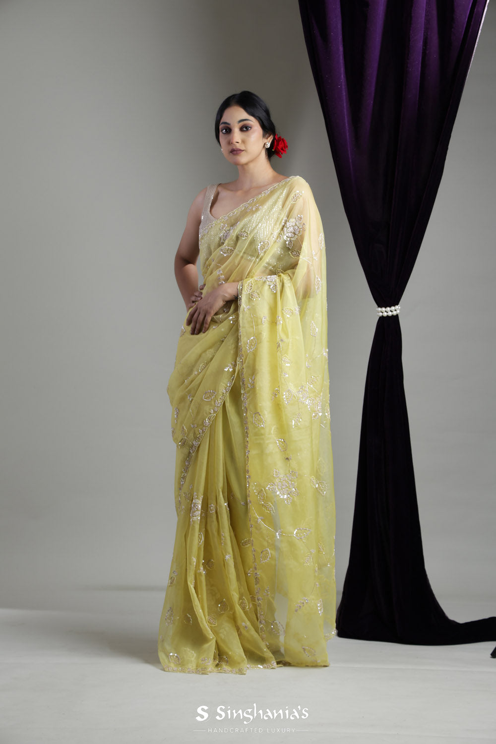 Pale Yellow Organza Saree With Hand Embroidery