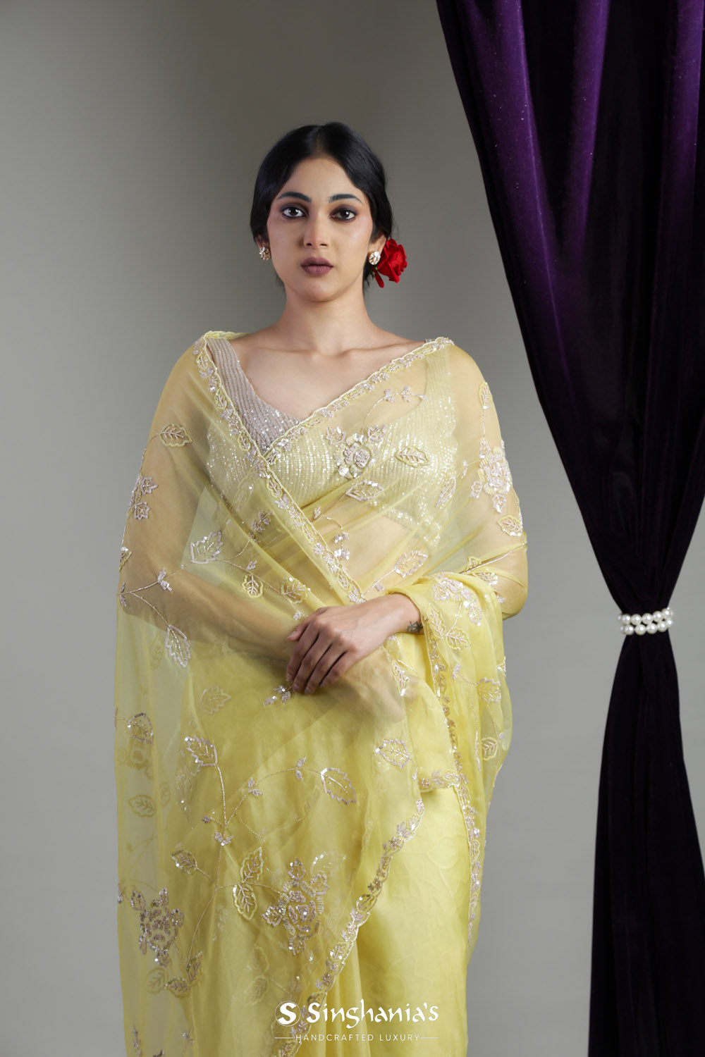 Pale Yellow Organza Saree With Hand Embroidery