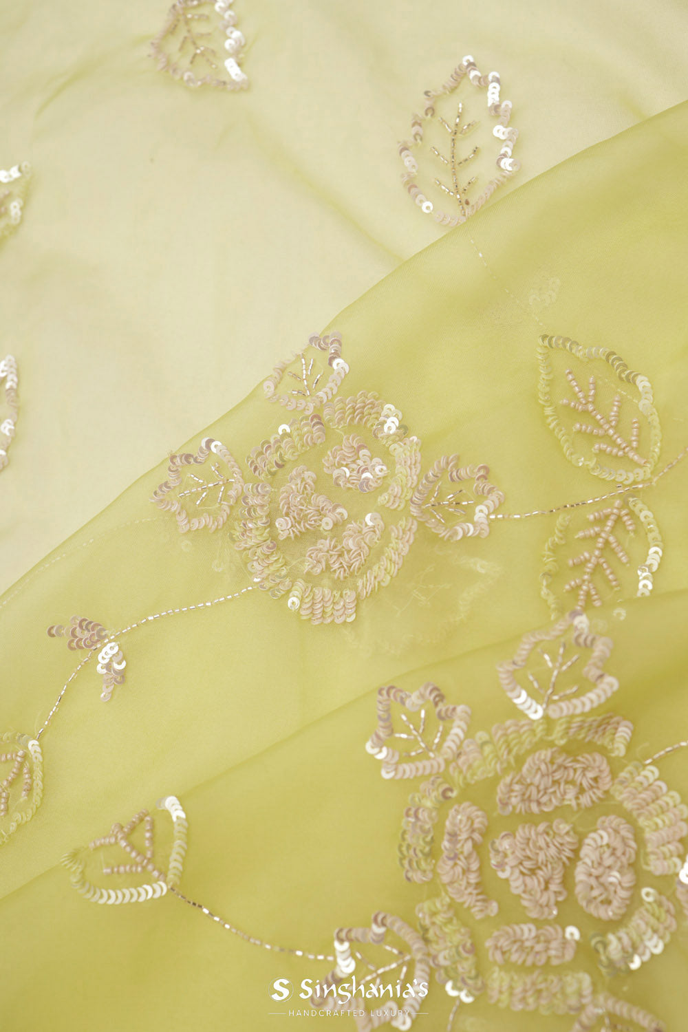 Pale Yellow Organza Saree With Hand Embroidery