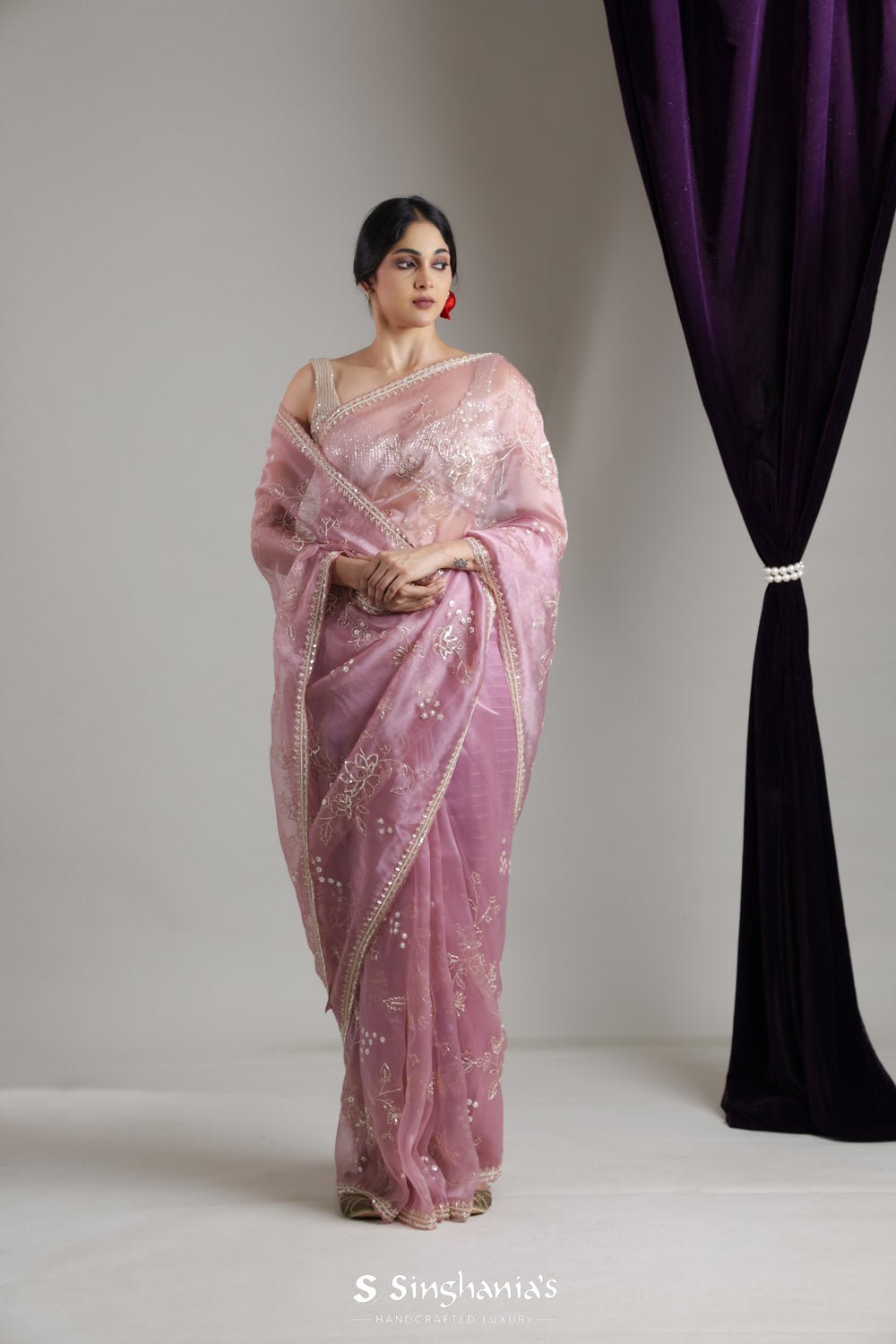 Cameo Pink Organza Saree With Floral Jaal Embroidery