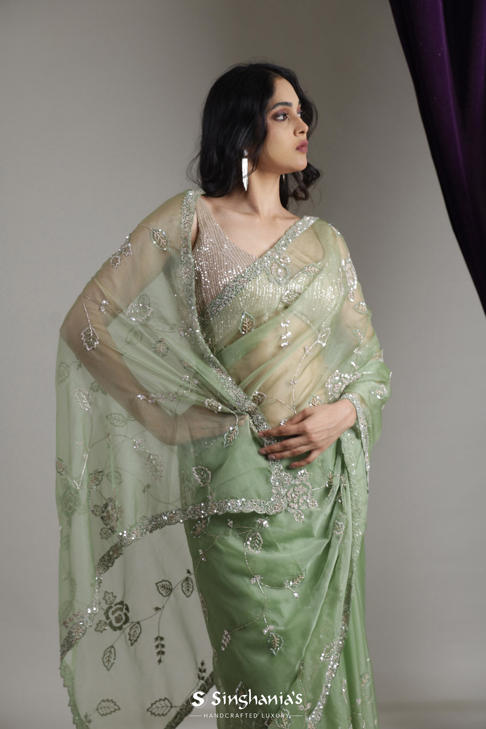 Dark Sea Green Organza Saree With Floral Jaal Embroidery