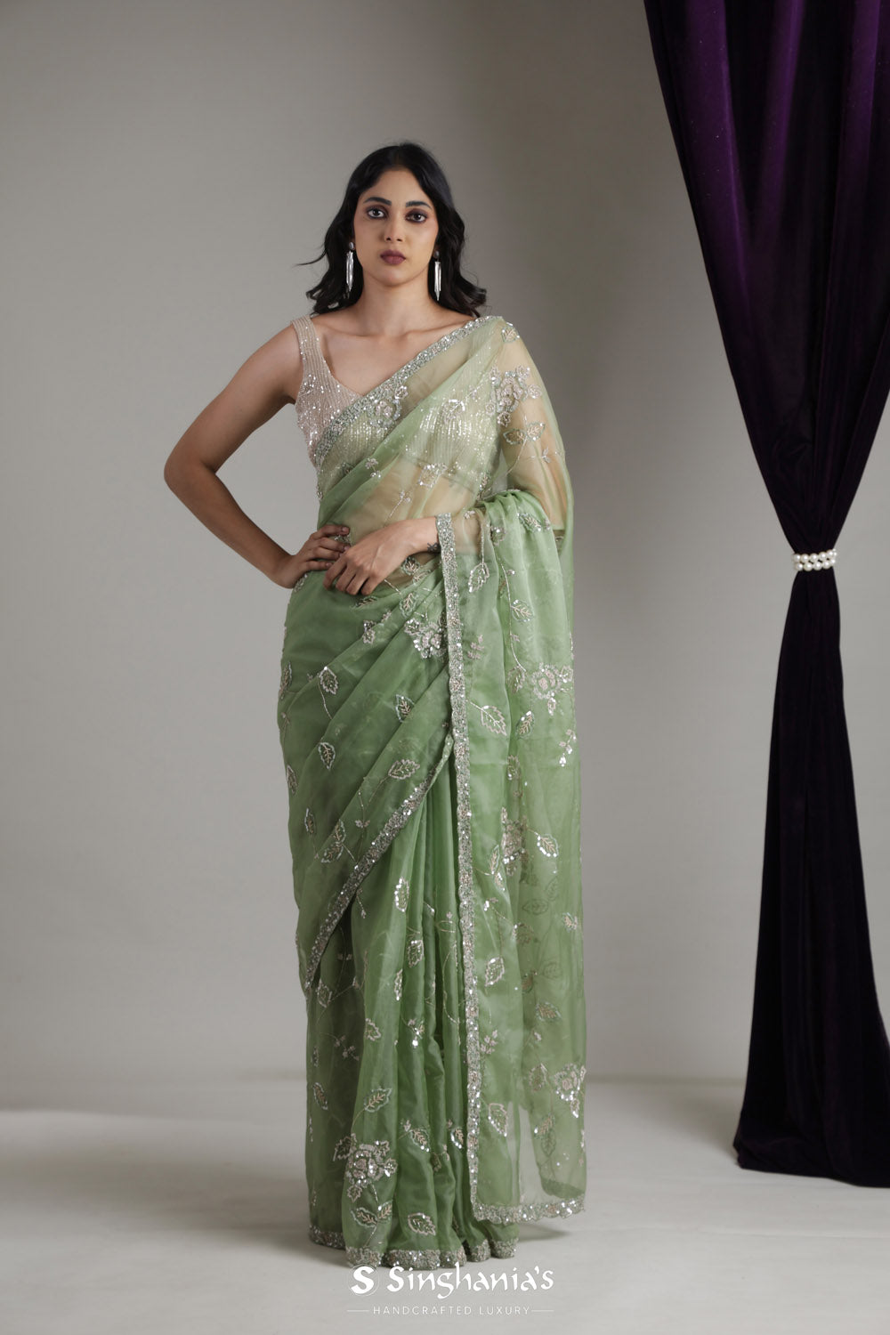 Dark Sea Green Organza Saree With Floral Jaal Embroidery