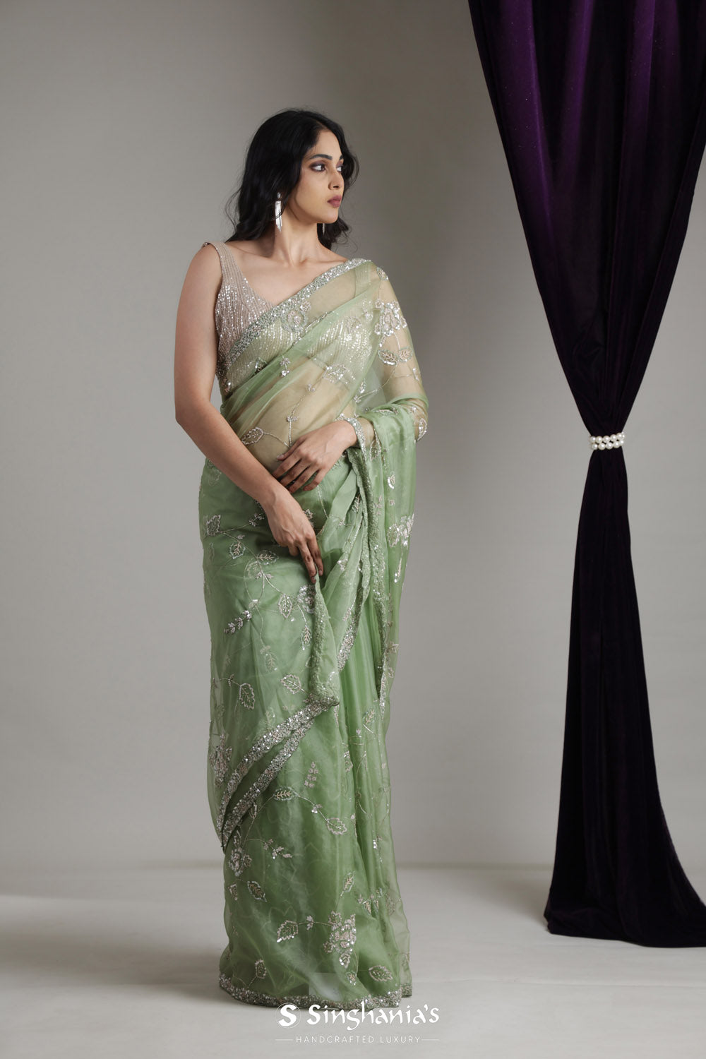 Dark Sea Green Organza Saree With Floral Jaal Embroidery