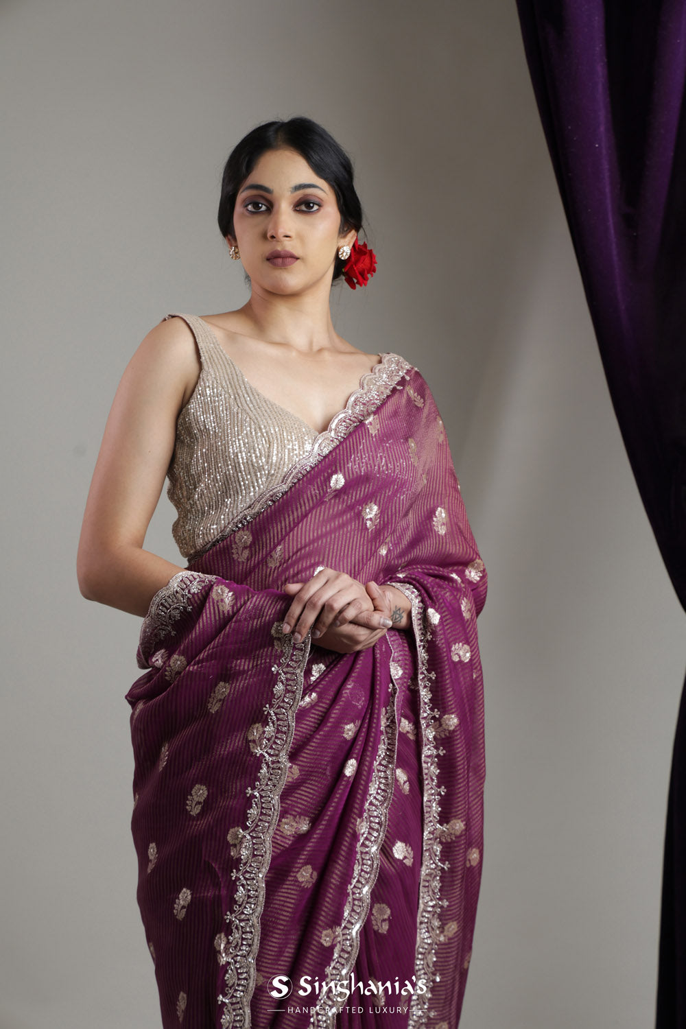 Pansy Purple Designer Tissue Organza Saree With Zari Weaving