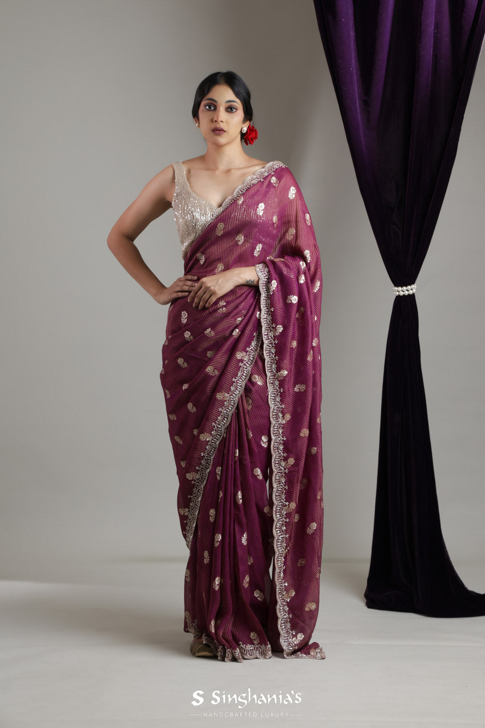 Pansy Purple Designer Tissue Organza Saree With Zari Weaving