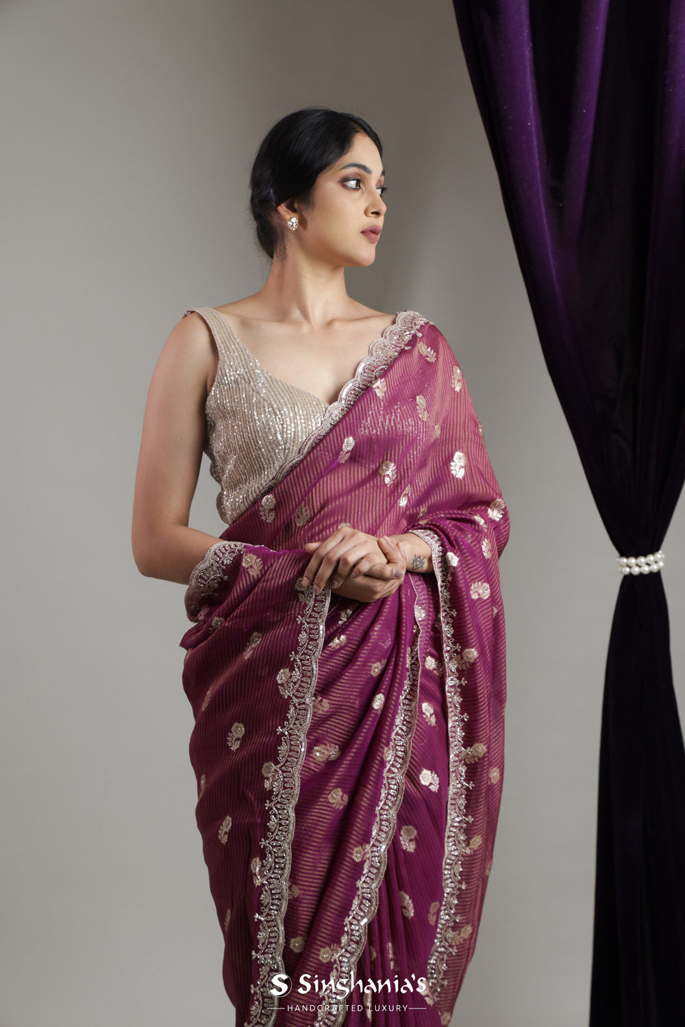 Pansy Purple Designer Tissue Organza Saree With Zari Weaving