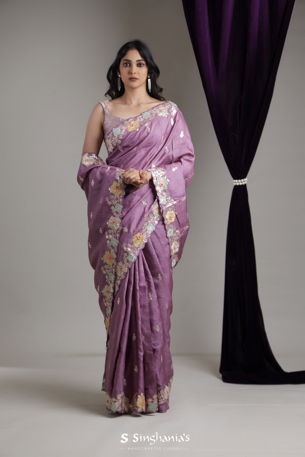 Light Purple Tussar Saree With Zari Embroidery