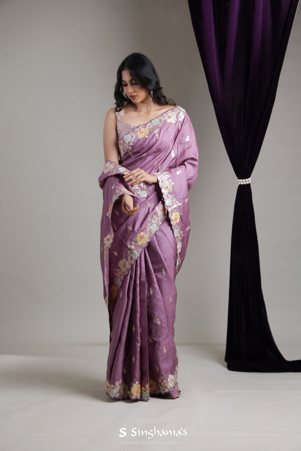 Light Purple Tussar Saree With Zari Embroidery