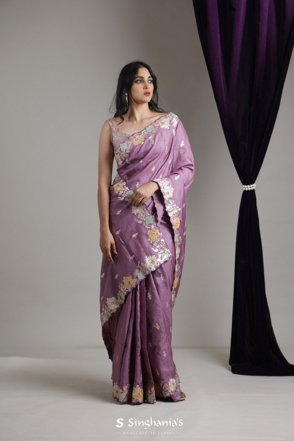 Light Purple Tussar Saree With Zari Embroidery