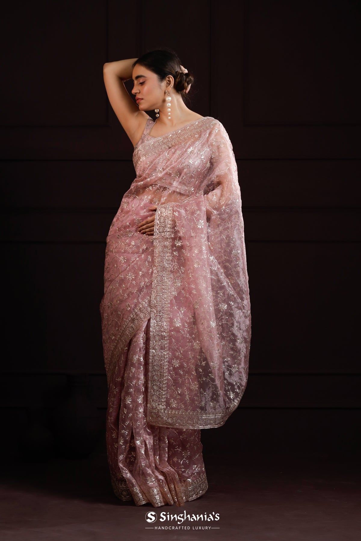 Cameo Pink Organza Saree With Floral Jaal Embroidery