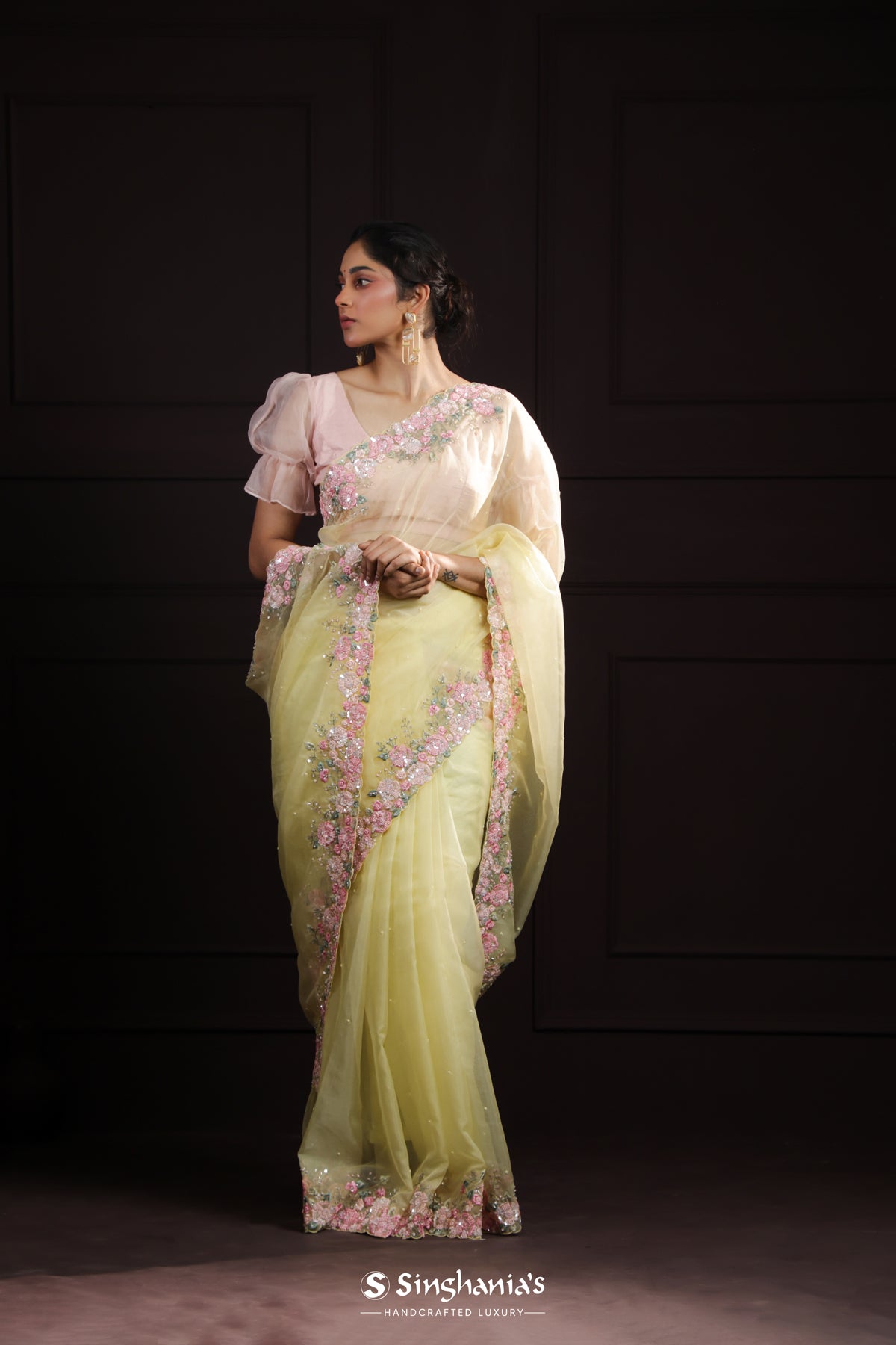 Bright Yellow Organza Saree With Floral Embroidery