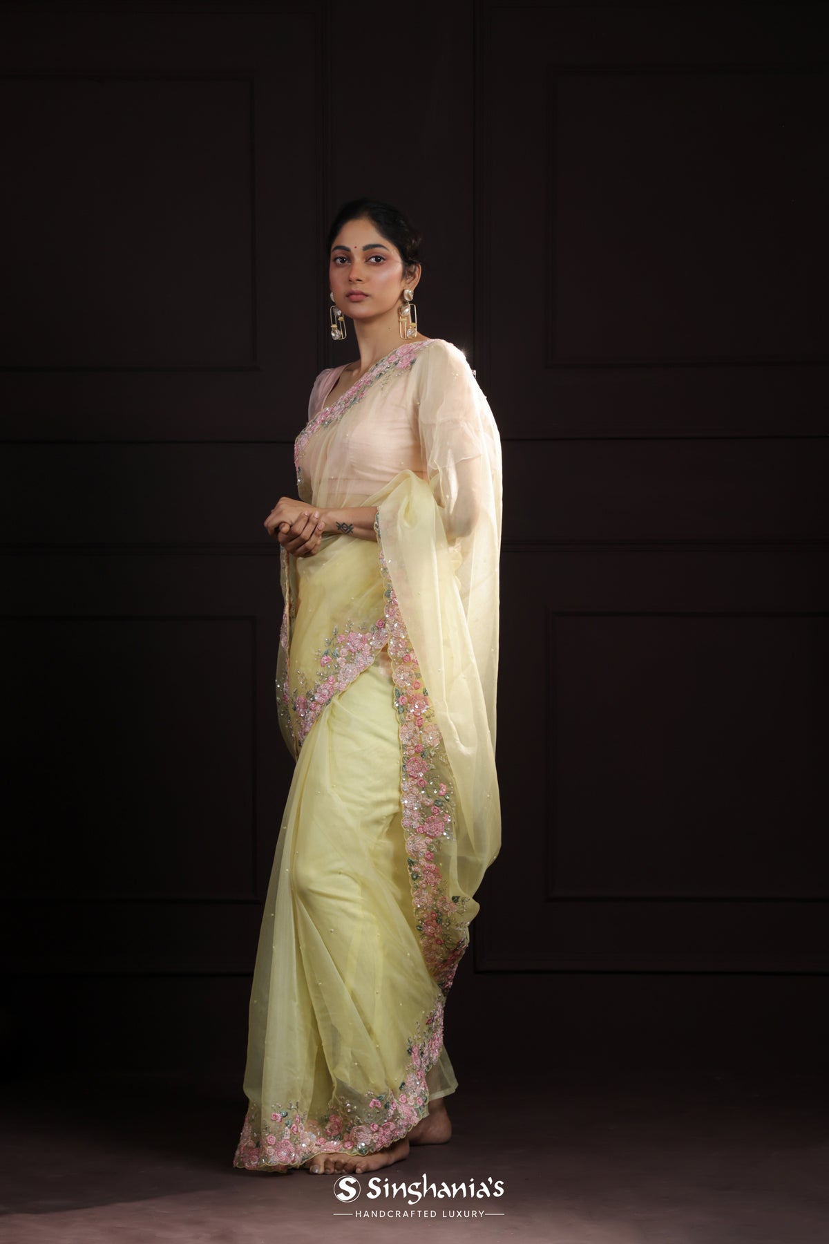 Bright Yellow Organza Saree With Floral Embroidery