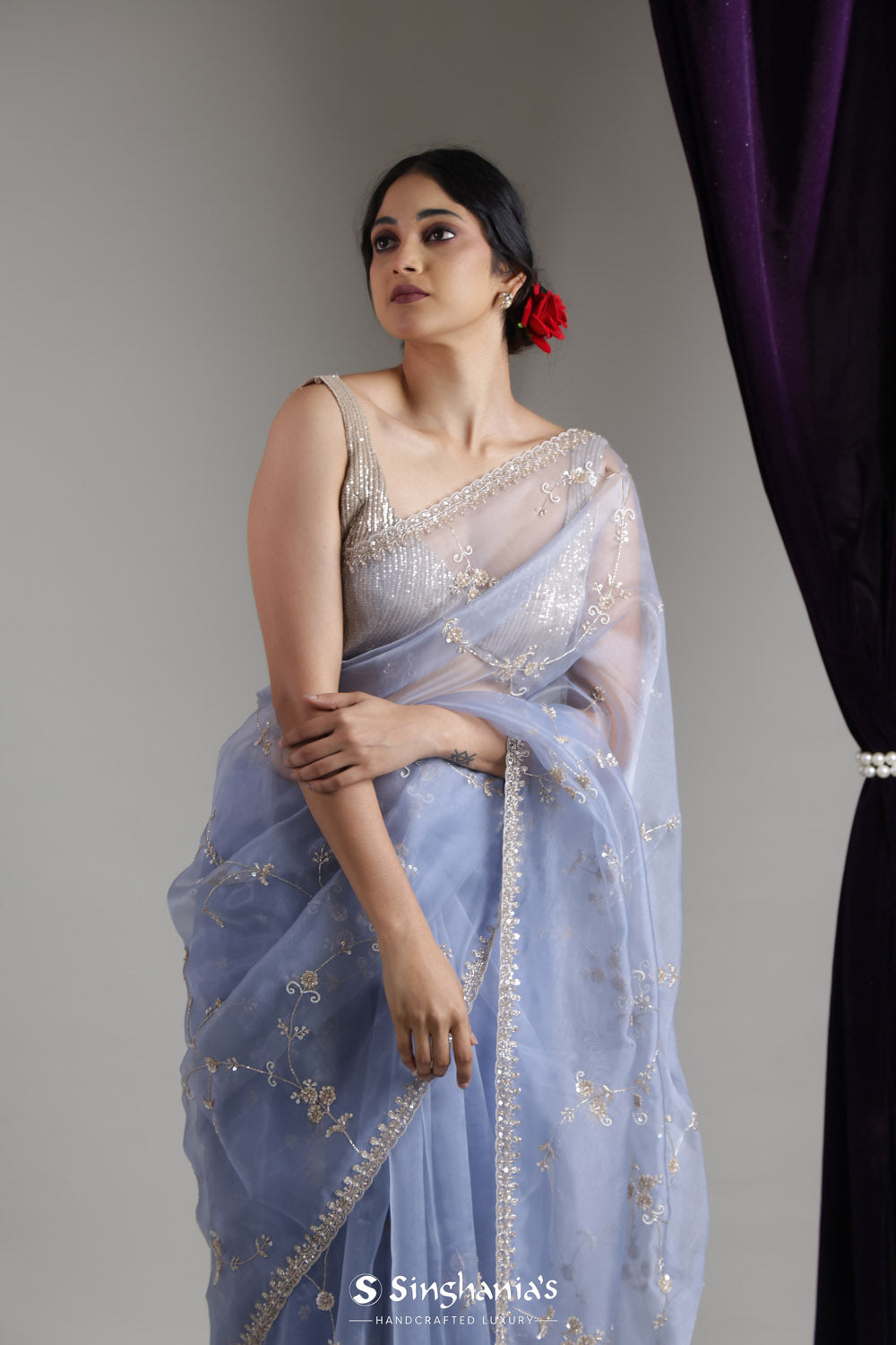 Ruddy Blue Organza Saree With Floral Jaal Embroidery