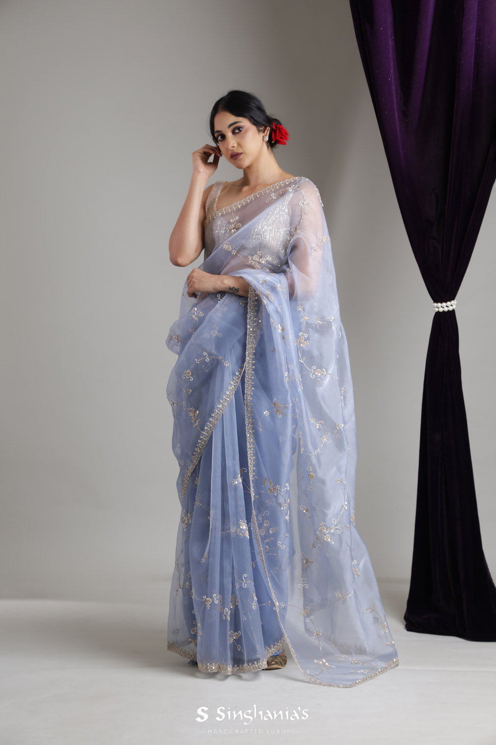 Ruddy Blue Organza Saree With Floral Jaal Embroidery