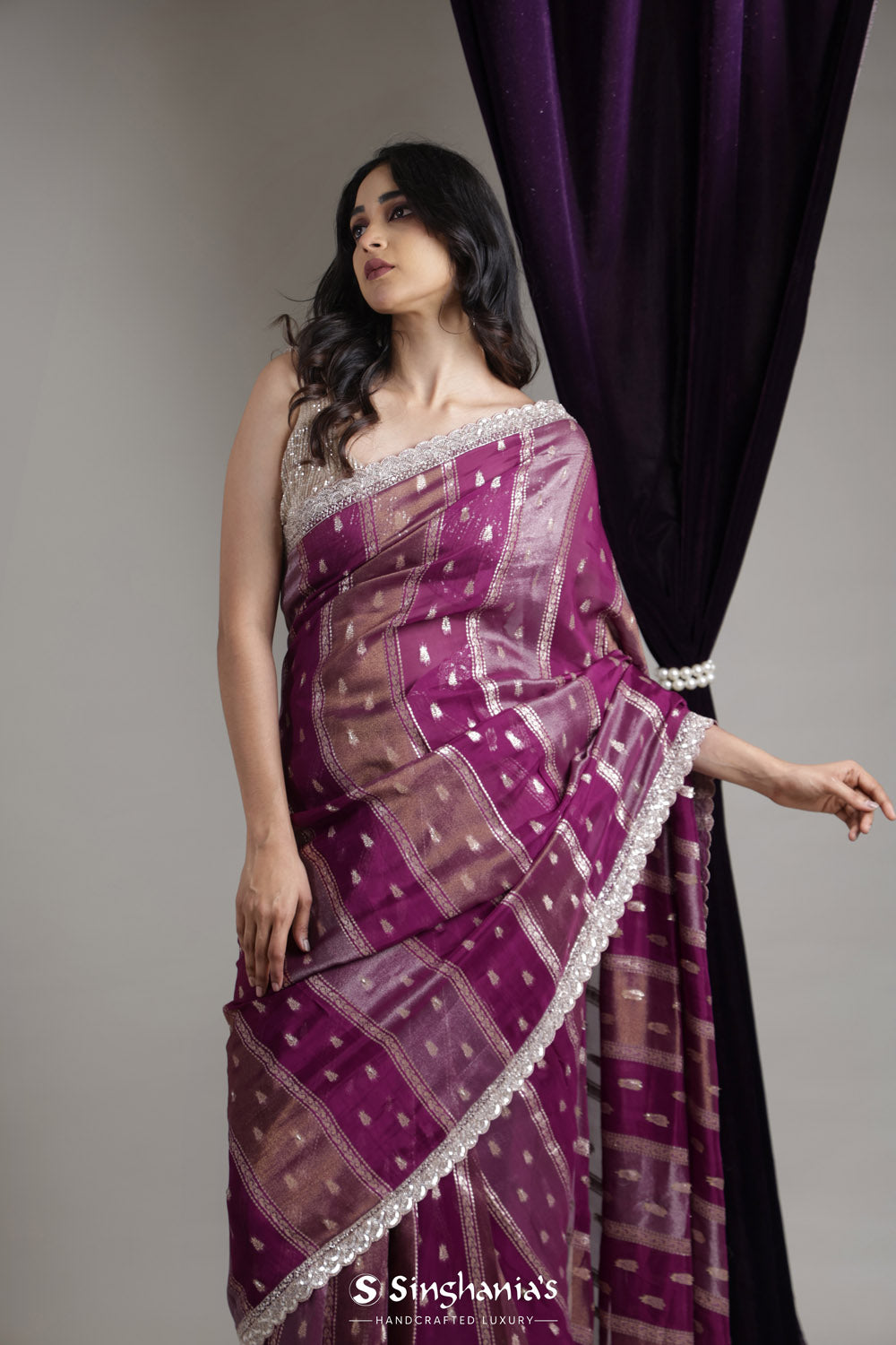 Deep Purple Designer Organza Saree With Zari Weaving