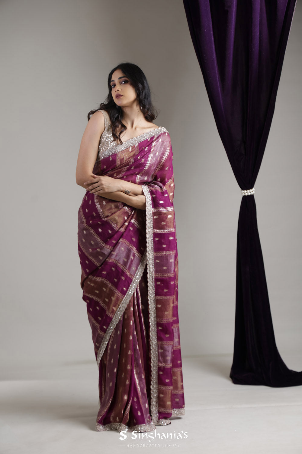 Deep Purple Designer Organza Saree With Zari Weaving