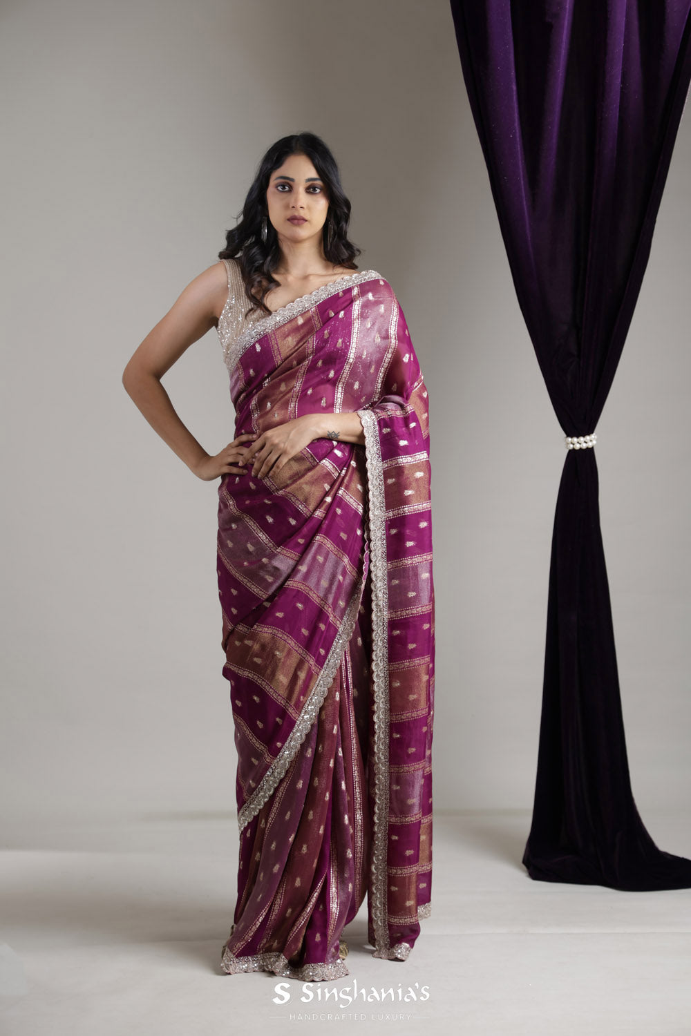 Deep Purple Designer Organza Saree With Zari Weaving