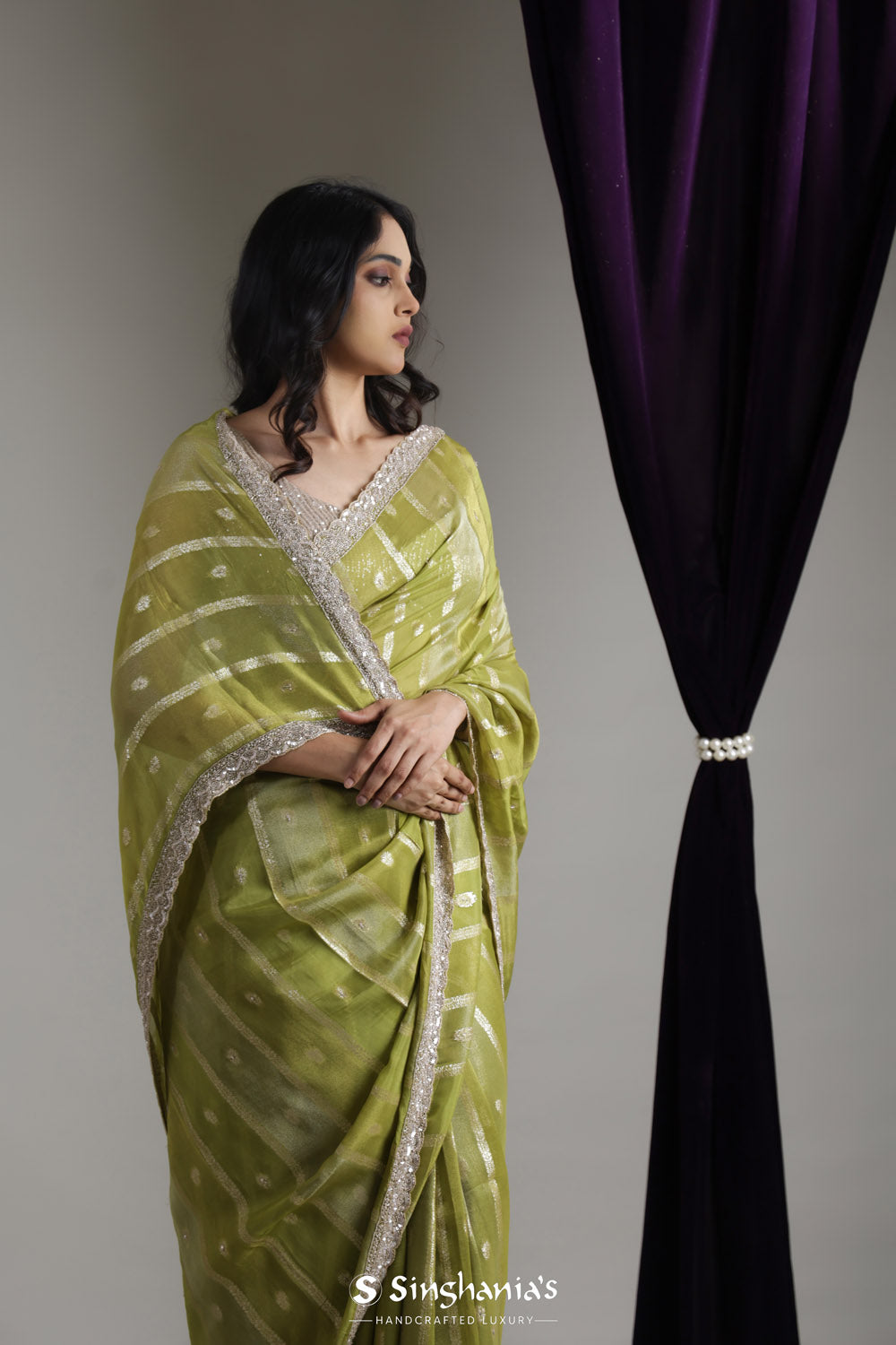 Olive Green Designer Organza Saree With Zari Weaving