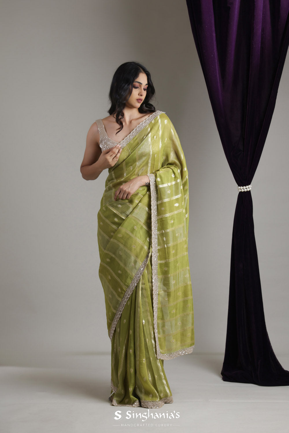 Olive Green Designer Organza Saree With Zari Weaving