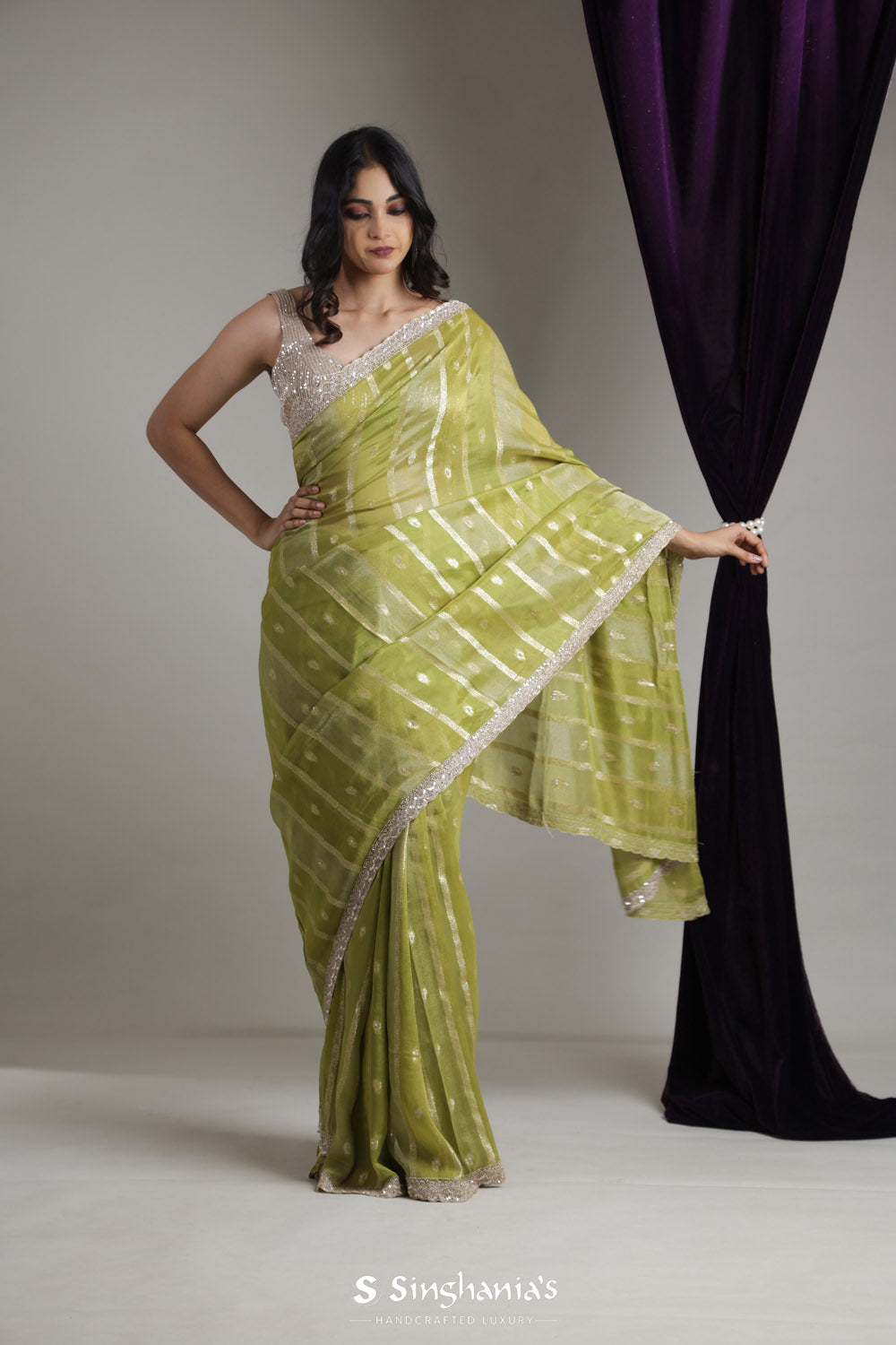 Olive Green Designer Organza Saree With Zari Weaving