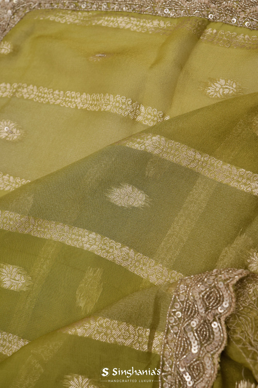 Olive Green Designer Organza Saree With Zari Weaving