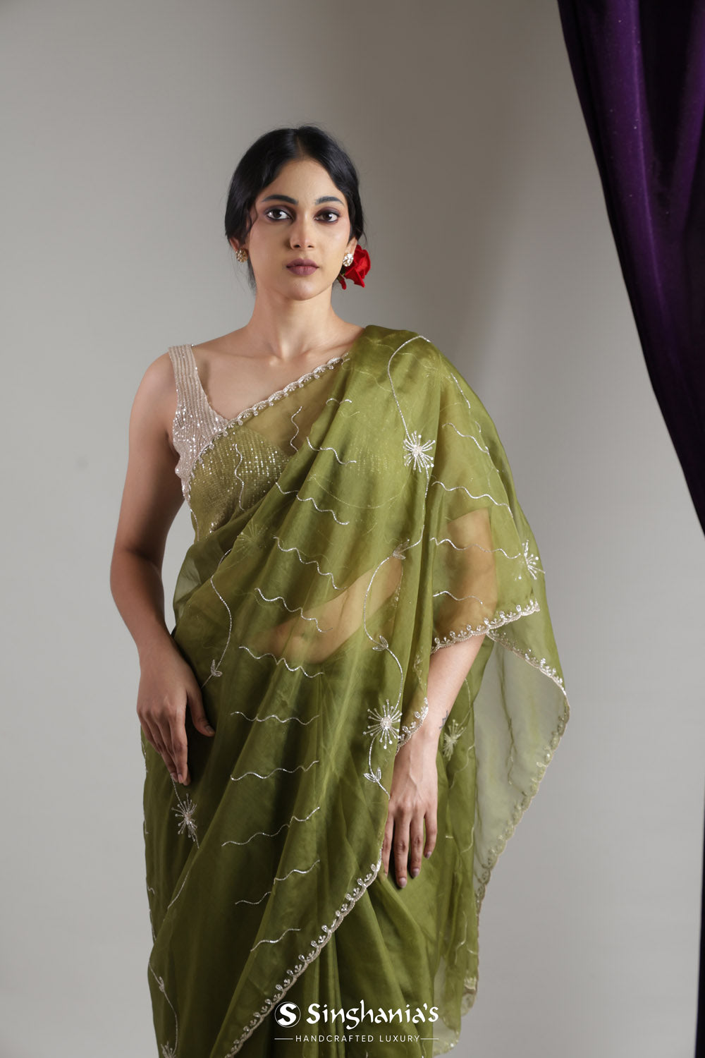 Olive Green Organza Saree With Hand Embroidery