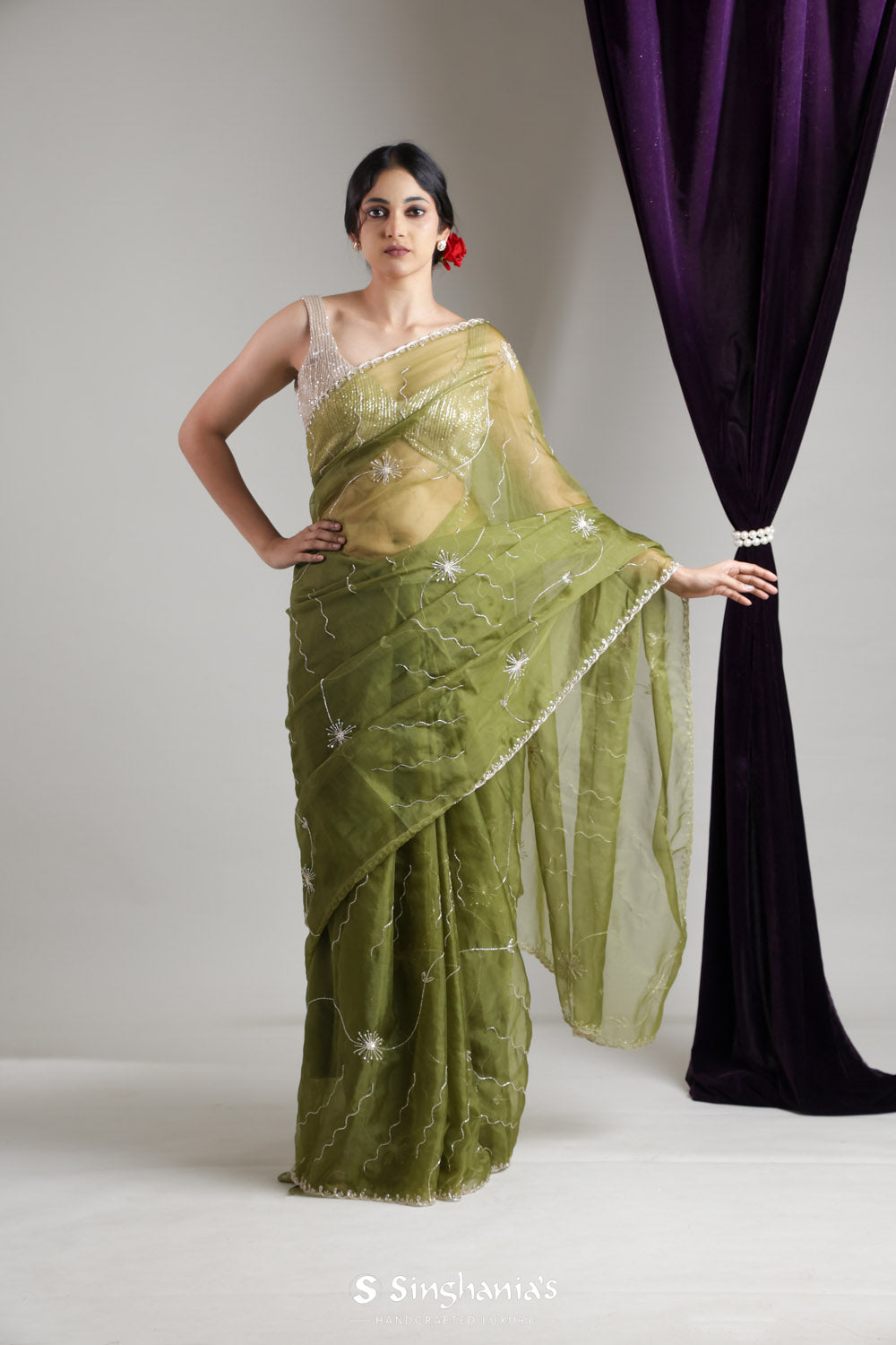 Olive Green Organza Saree With Hand Embroidery