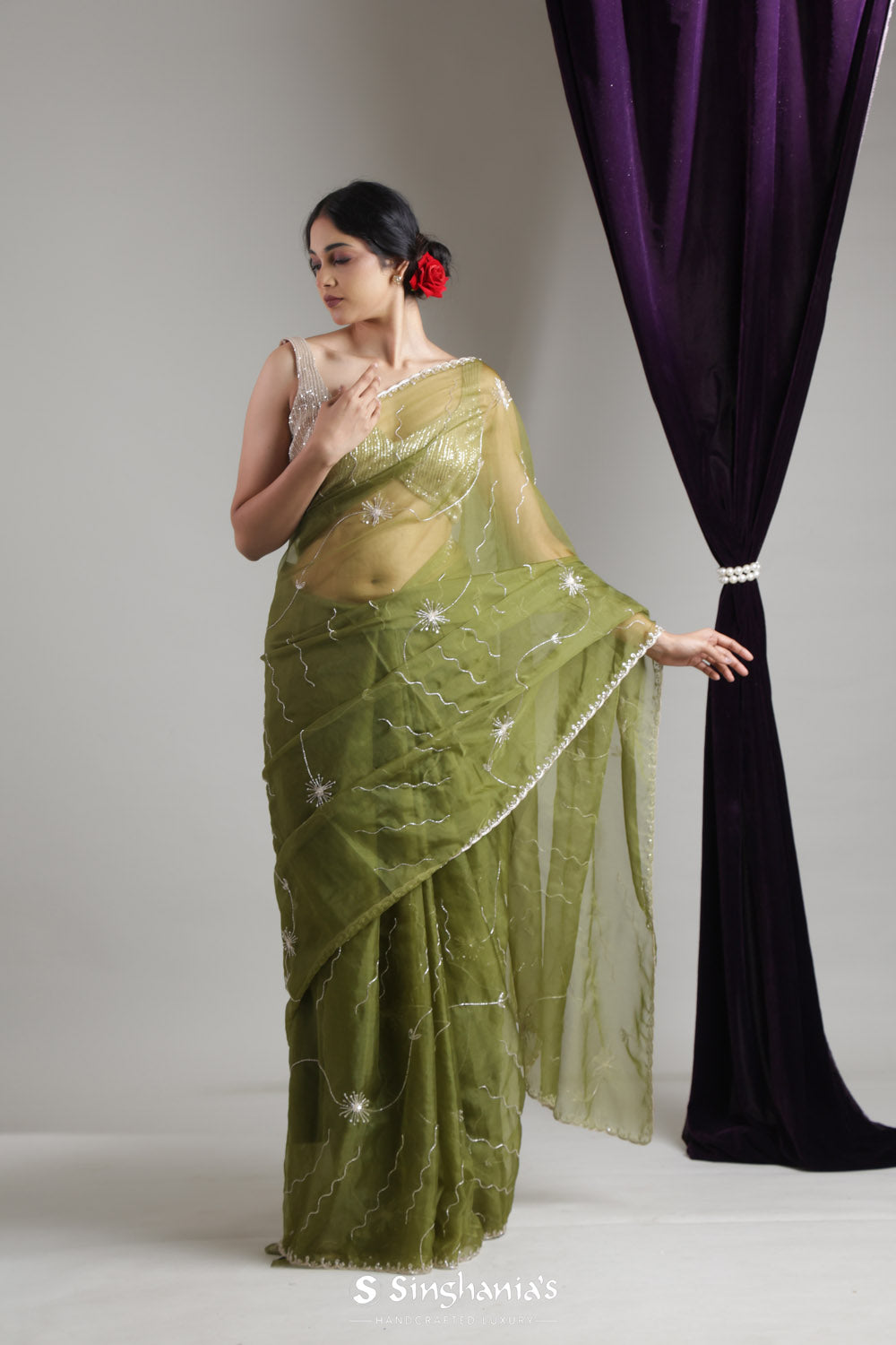 Olive Green Organza Saree With Hand Embroidery