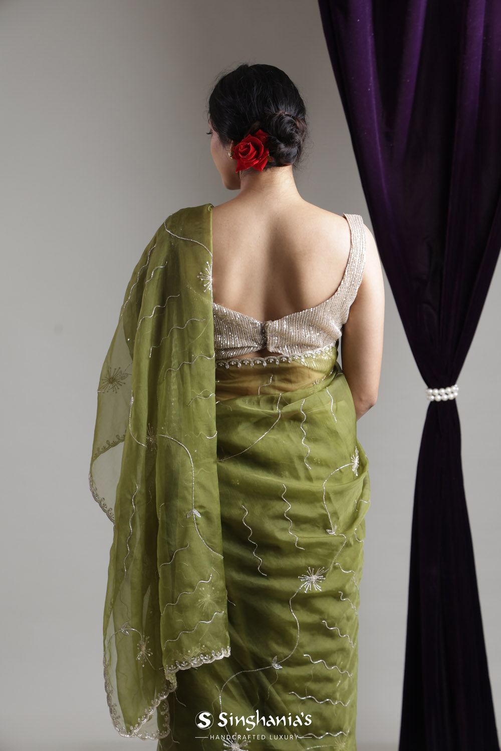 Olive Green Organza Saree With Hand Embroidery