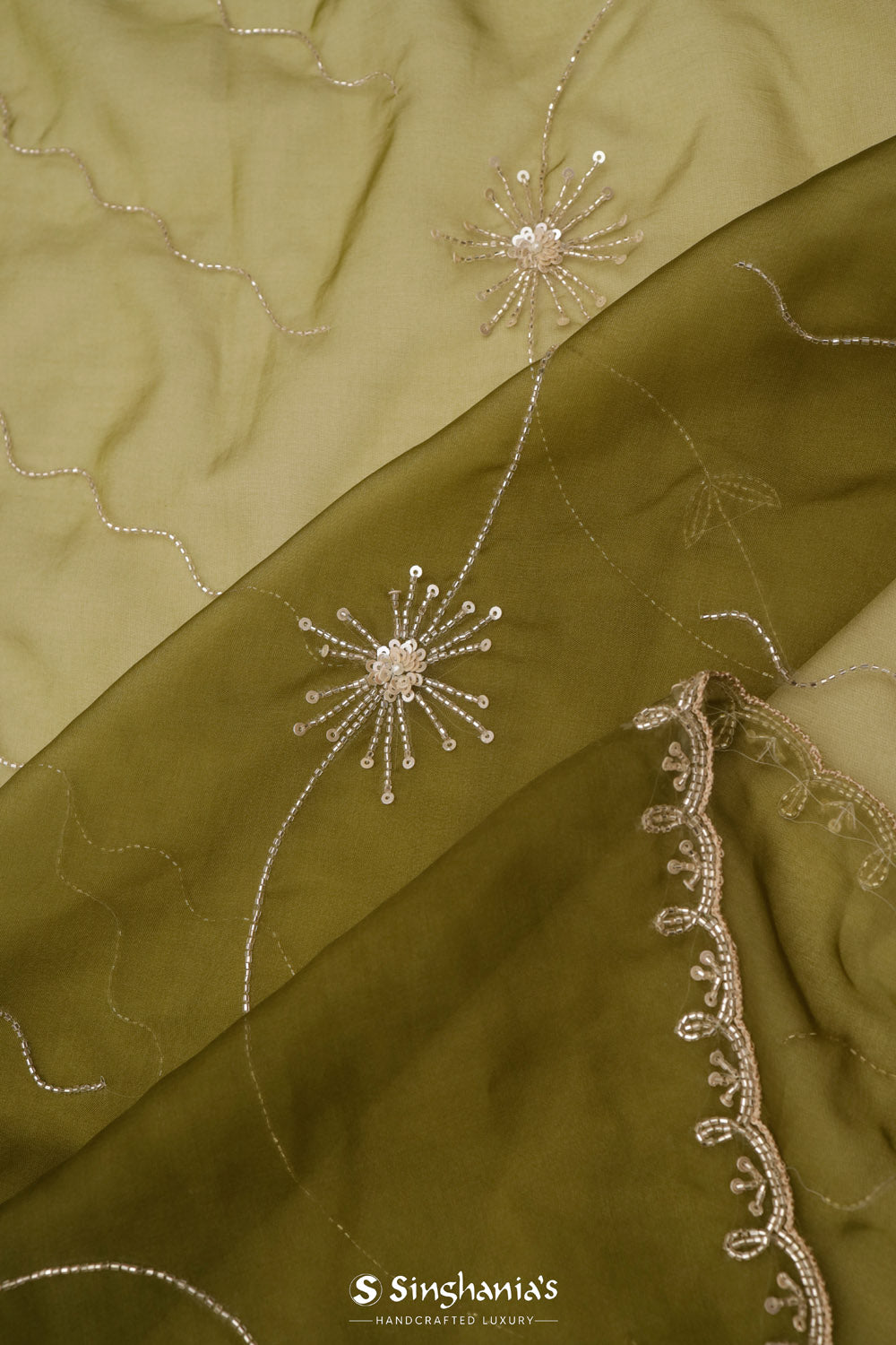 Olive Green Organza Saree With Hand Embroidery