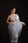 Uranian Blue Designer Organza Saree With Hand Embroidery