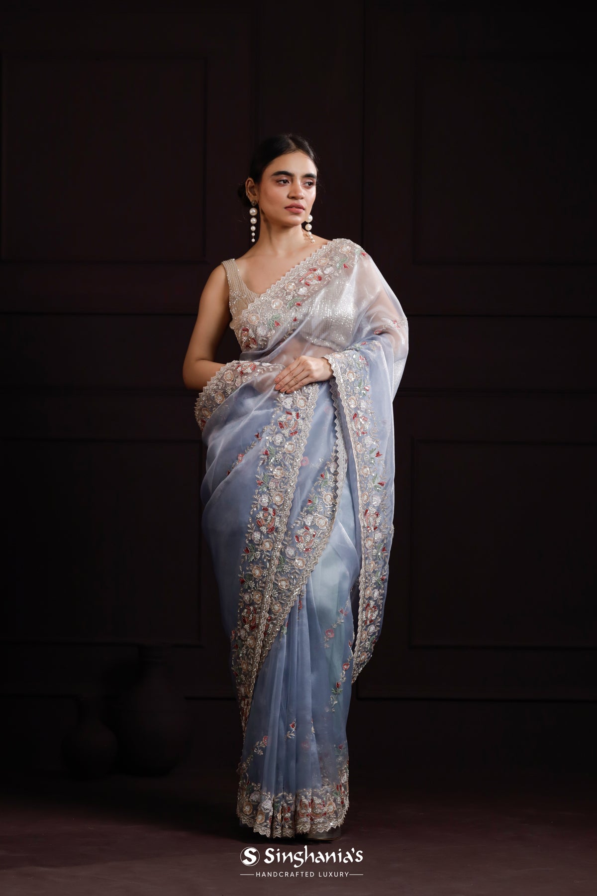 Uranian Blue Designer Organza Saree With Hand Embroidery