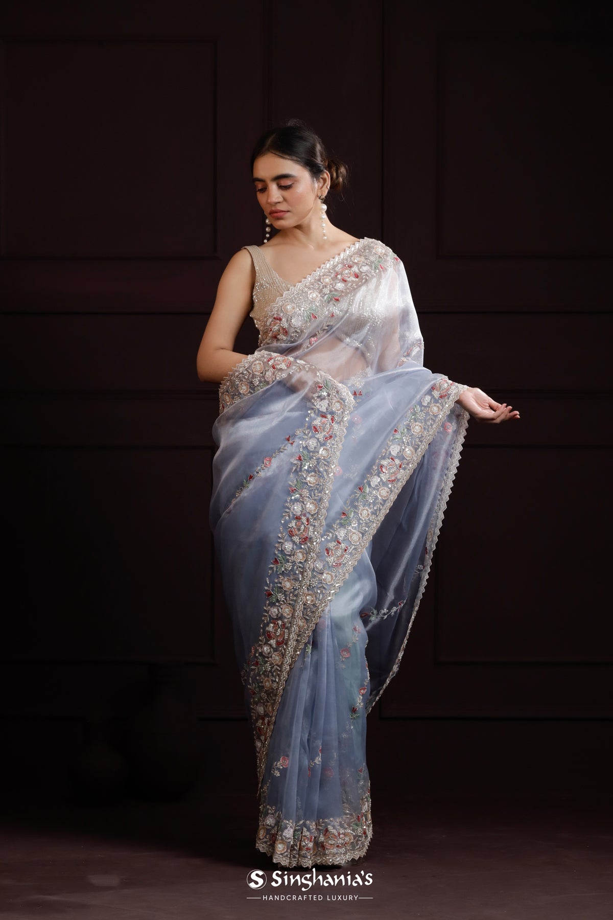 Uranian Blue Designer Organza Saree With Hand Embroidery