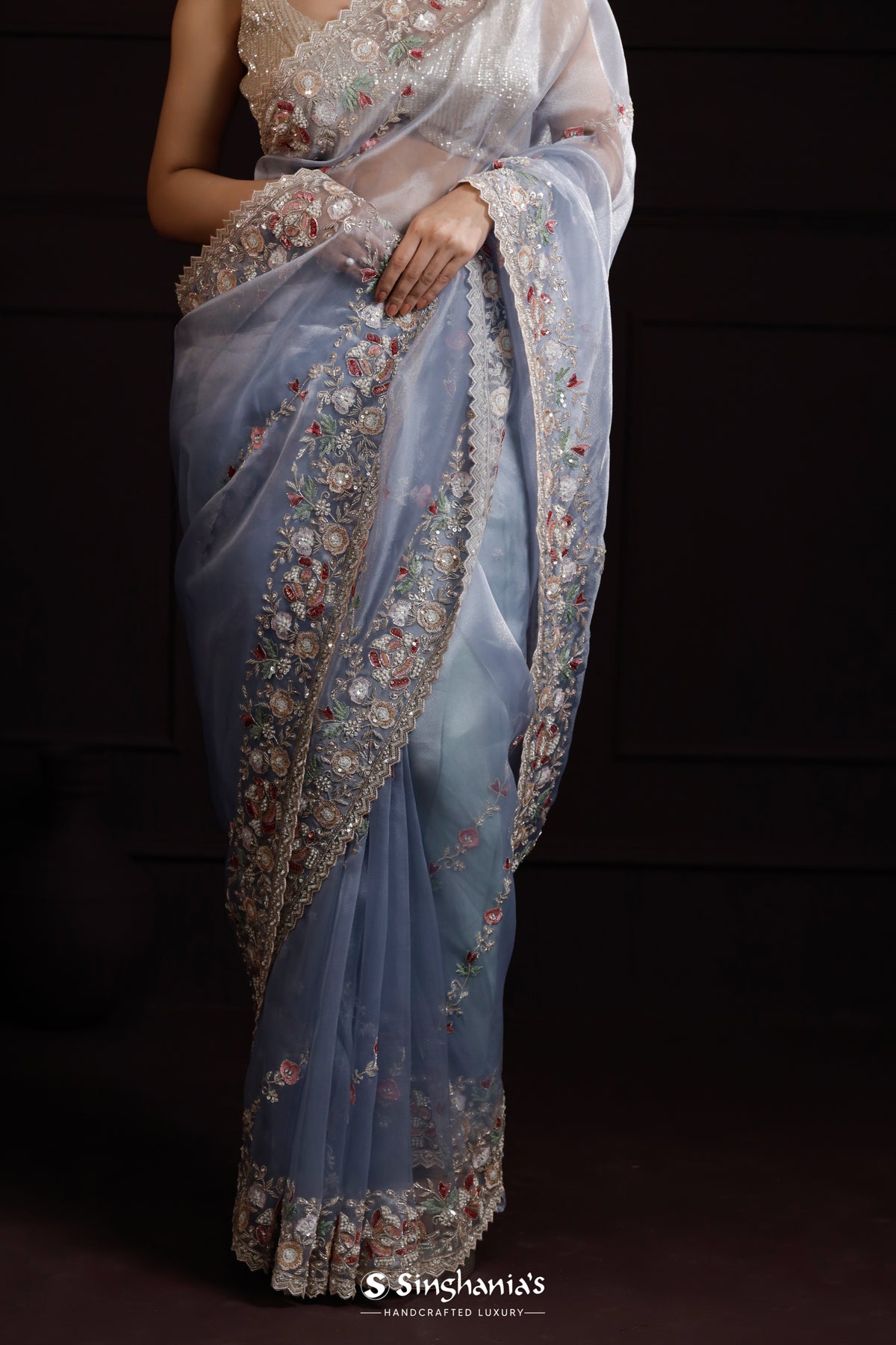 Uranian Blue Designer Organza Saree With Hand Embroidery