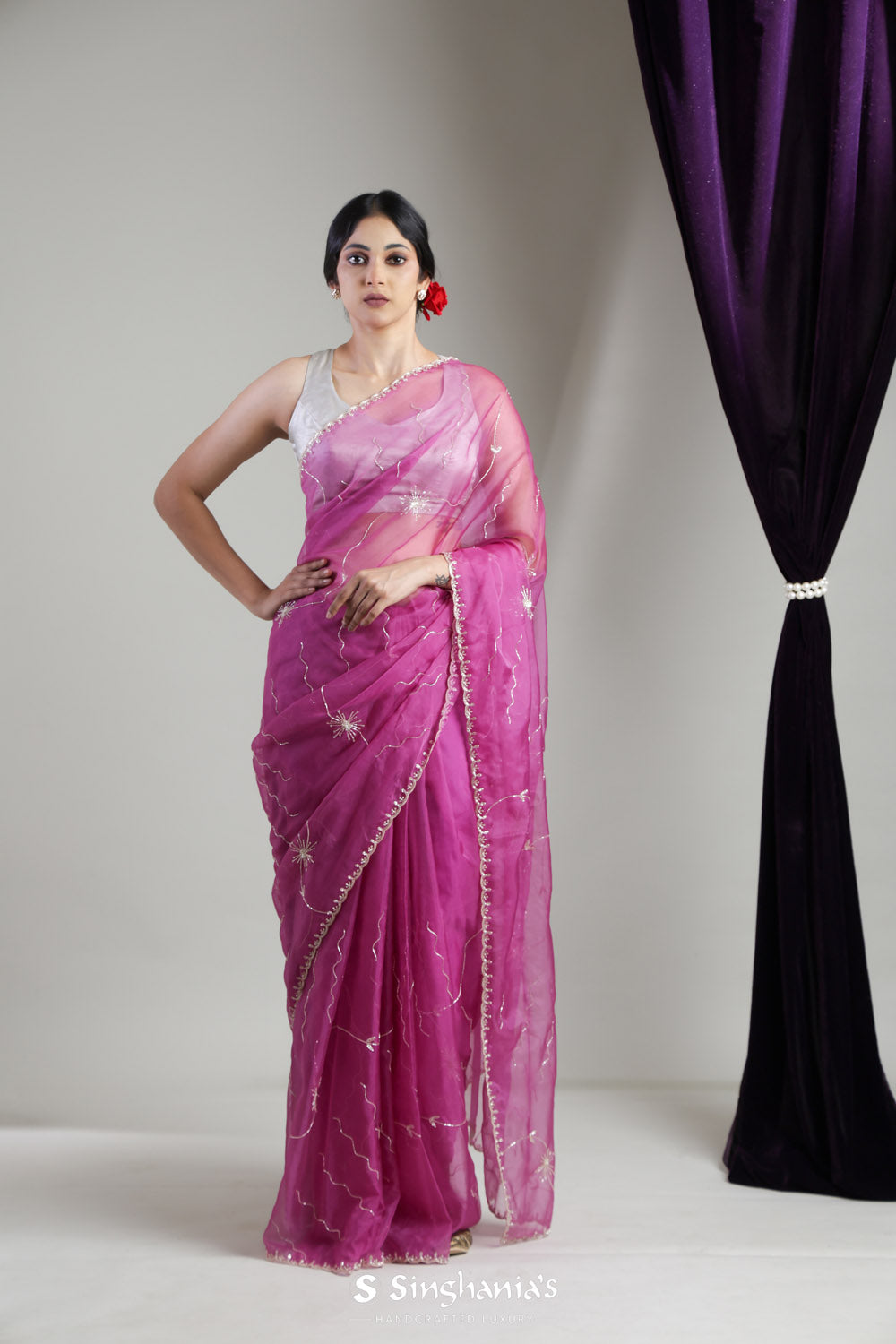 Mulberry Purple Organza Saree With Hand Embroidery