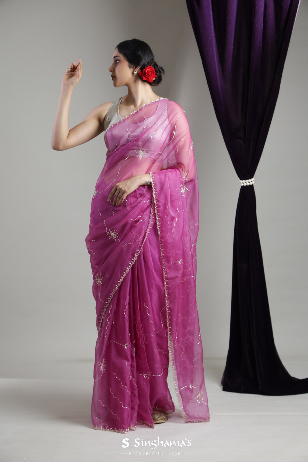 Mulberry Purple Organza Saree With Hand Embroidery