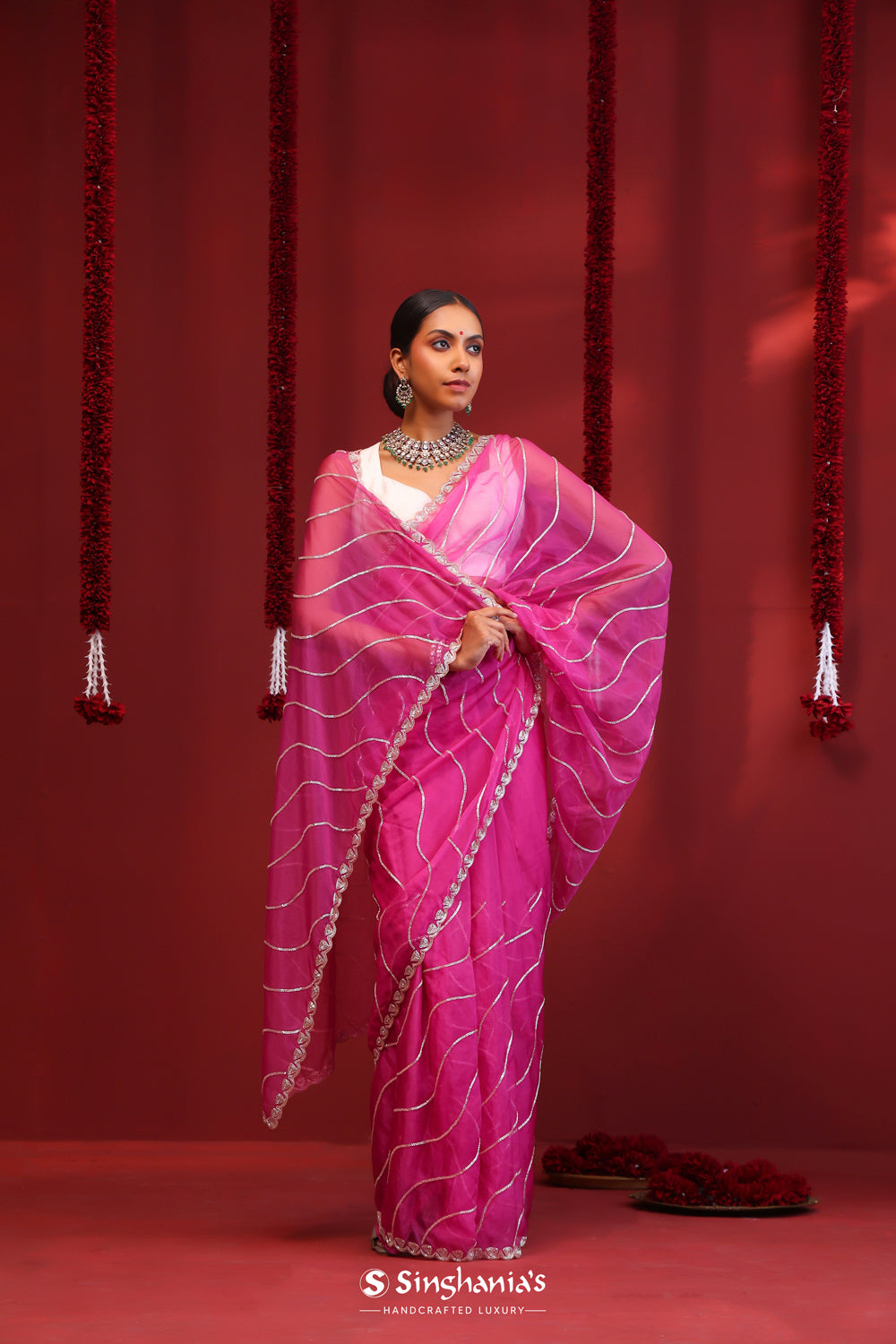 Mexican Pink Handcrafted Organza Saree