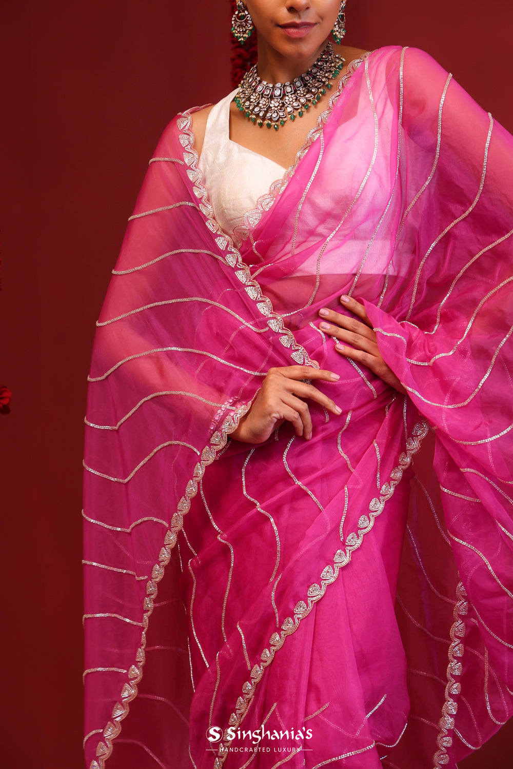 Mexican Pink Handcrafted Organza Saree