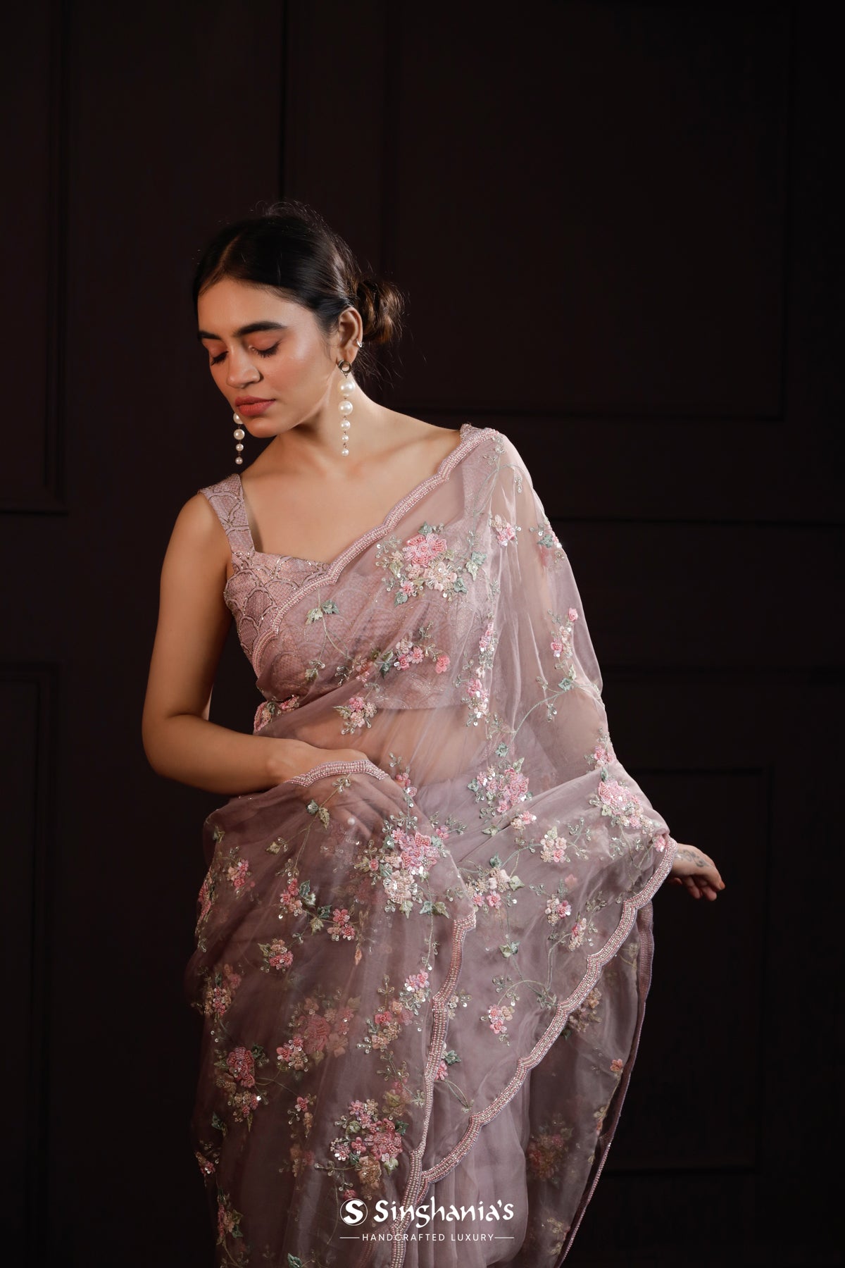 Pale Purple Organza Saree With Floral Embroidery