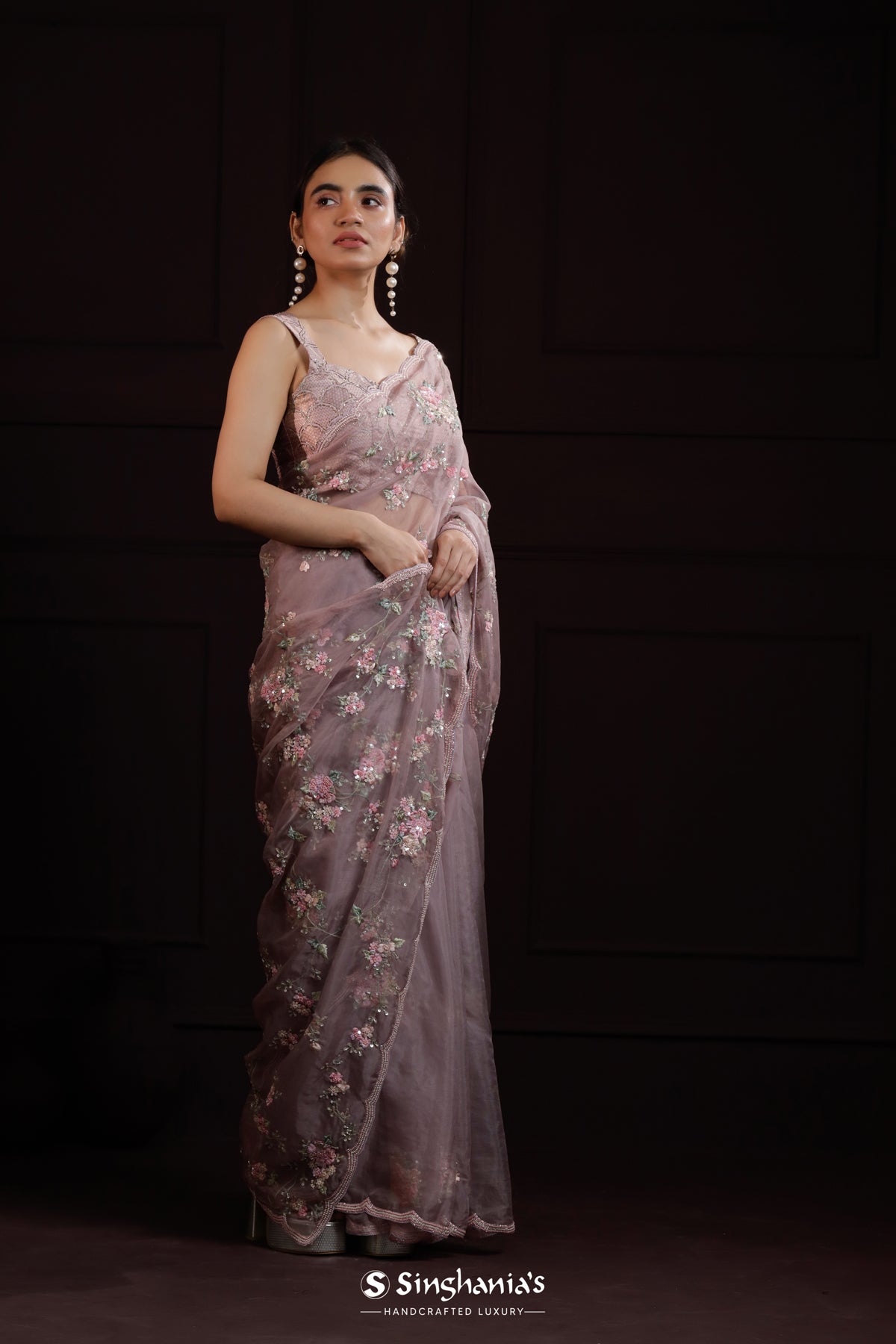 Pale Purple Organza Saree With Floral Embroidery