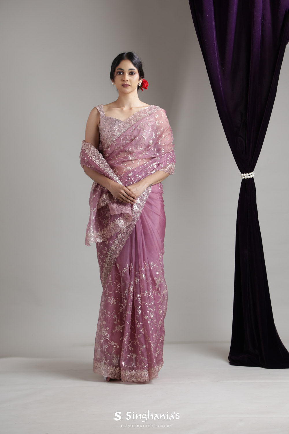 Liserian Purple Handcrafted Organza Saree With Zari Weaving