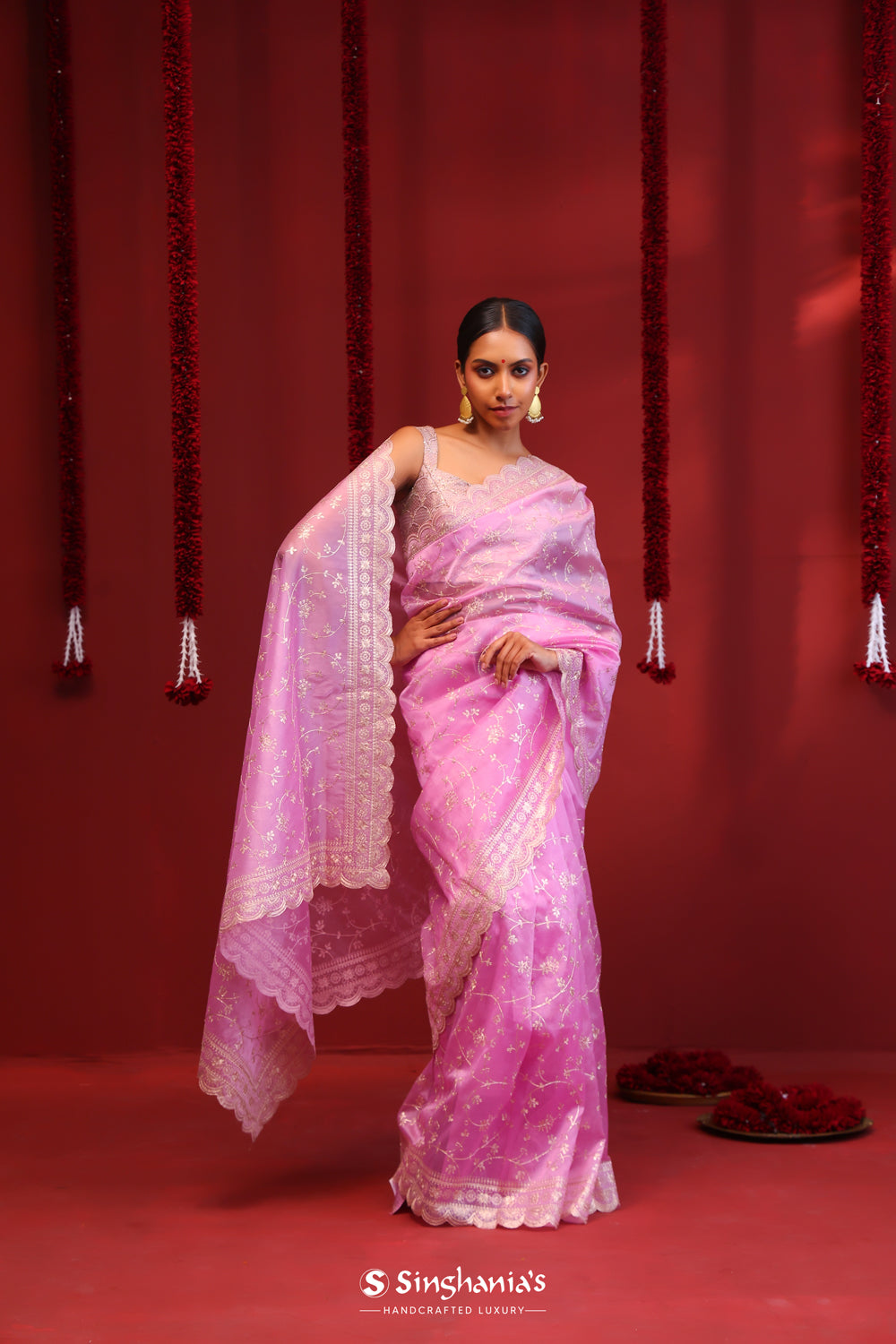 French Mauve Handcrafted Organza Saree