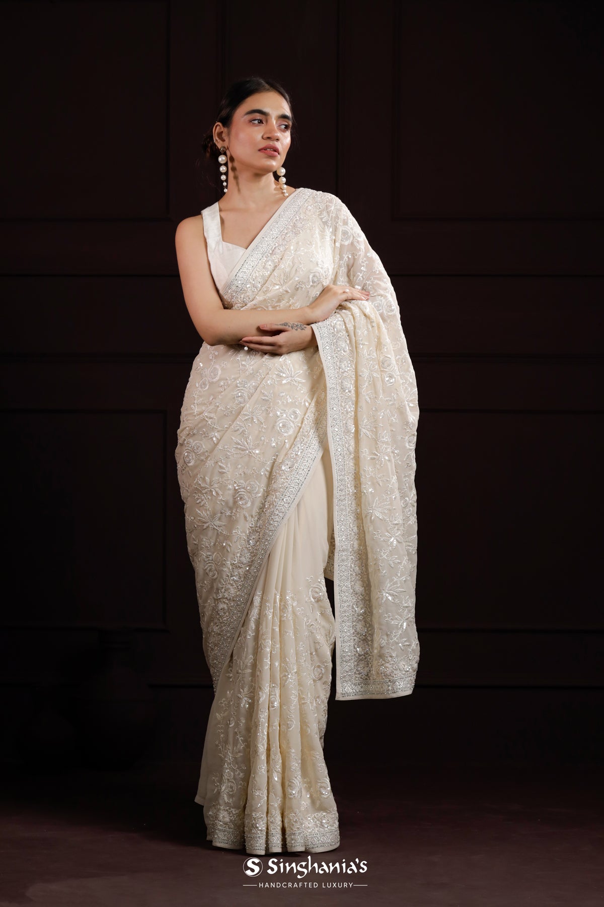 Huntington White Georgette Designer Saree With Floral Jaal Embroidery