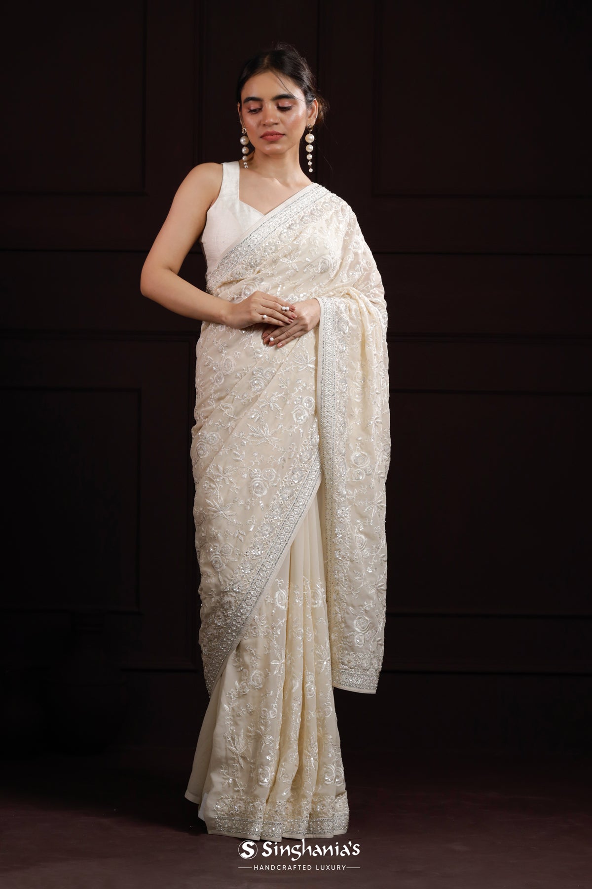 Huntington White Georgette Designer Saree With Floral Jaal Embroidery