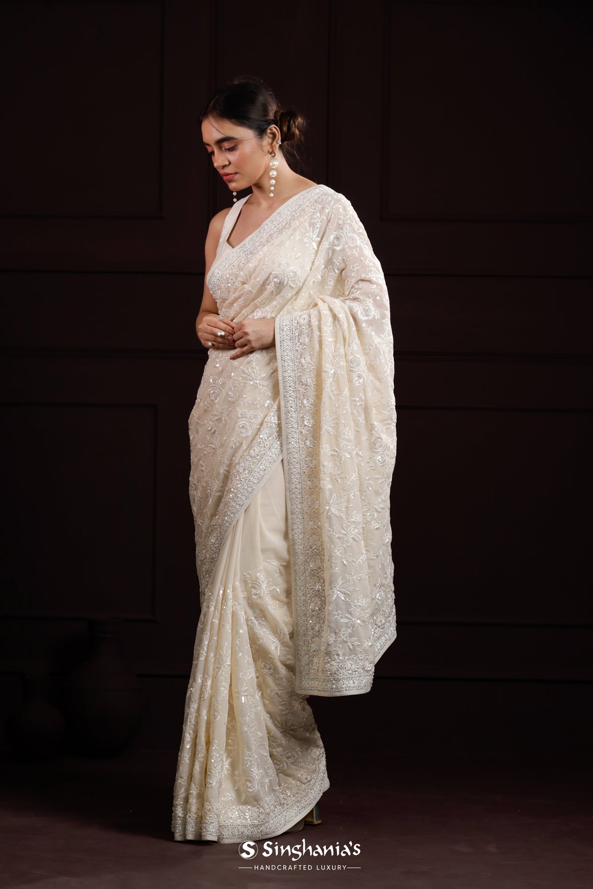 Huntington White Georgette Designer Saree With Floral Jaal Embroidery