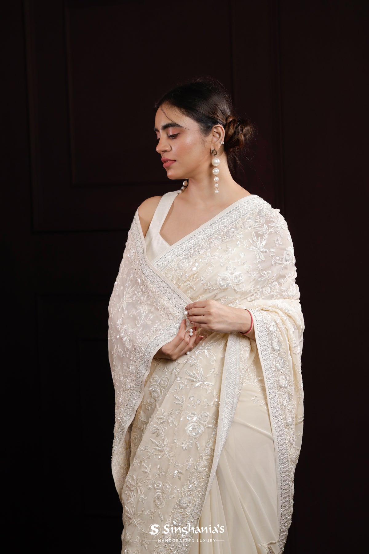 Huntington White Georgette Designer Saree With Floral Jaal Embroidery